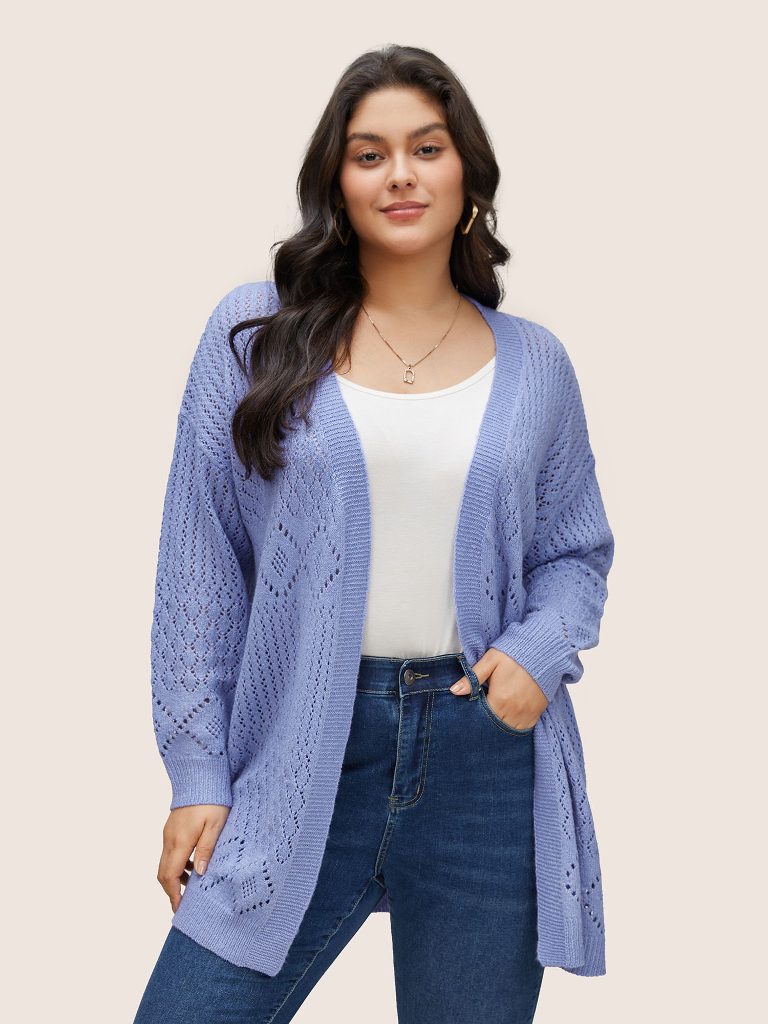 

Plus Size Supersoft Essentials Geometric Hollow Out Cardigan BlueViolet Women Casual Long Sleeve Everyday Cardigans BloomChic