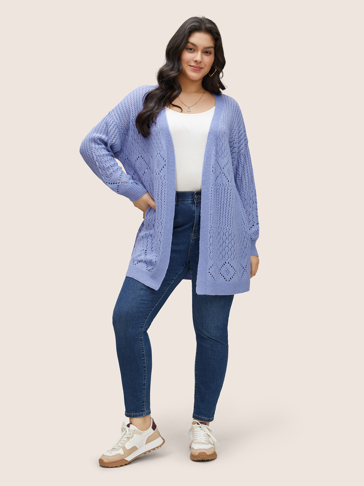 

Plus Size Supersoft Essentials Geometric Hollow Out Cardigan BlueViolet Women Casual Everyday Cardigans BloomChic
