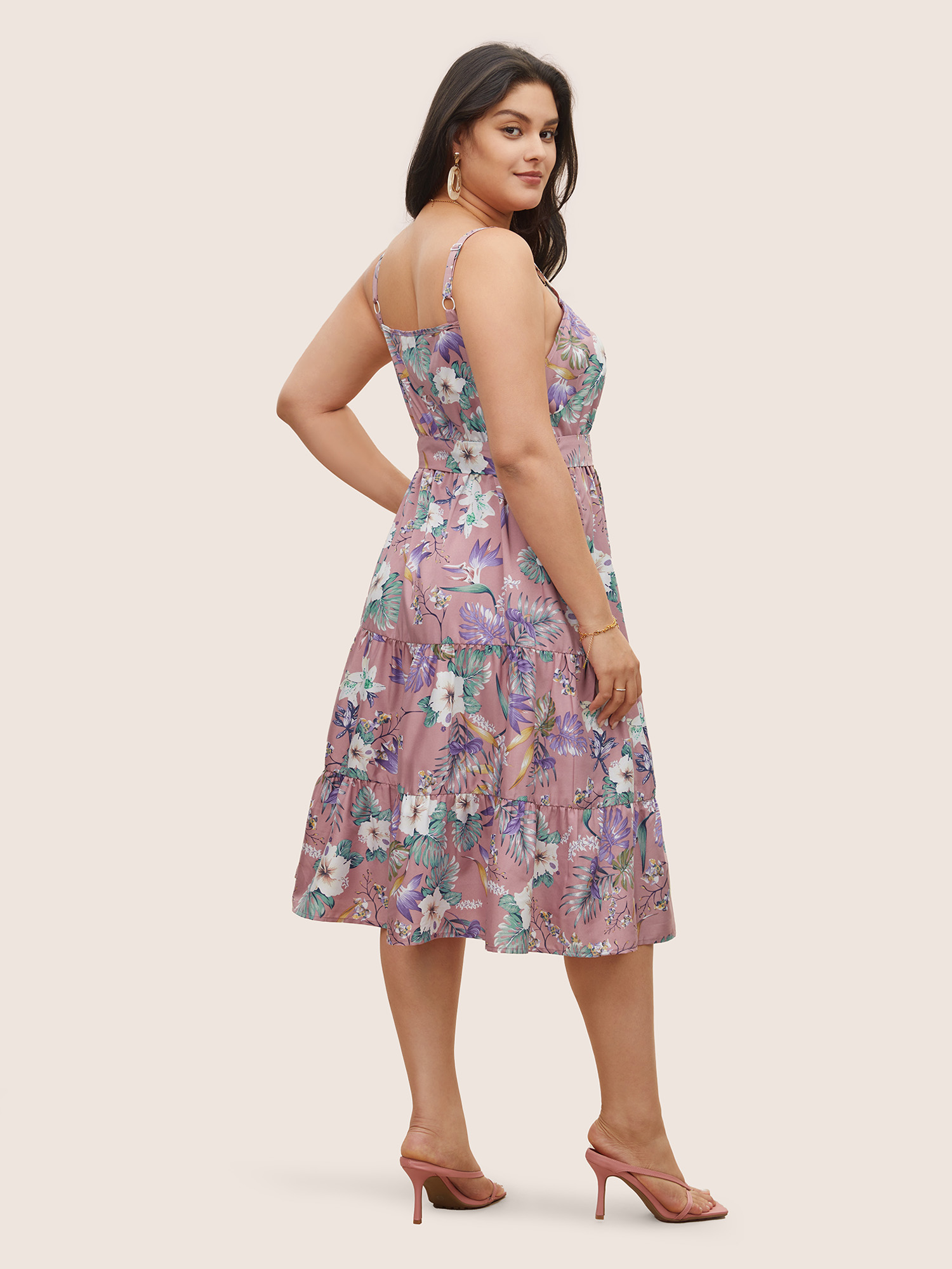 

Plus Size Floral Belted Adjustable Straps Layered Hem Dress Crepe Women Non Non Curvy Midi Dress BloomChic