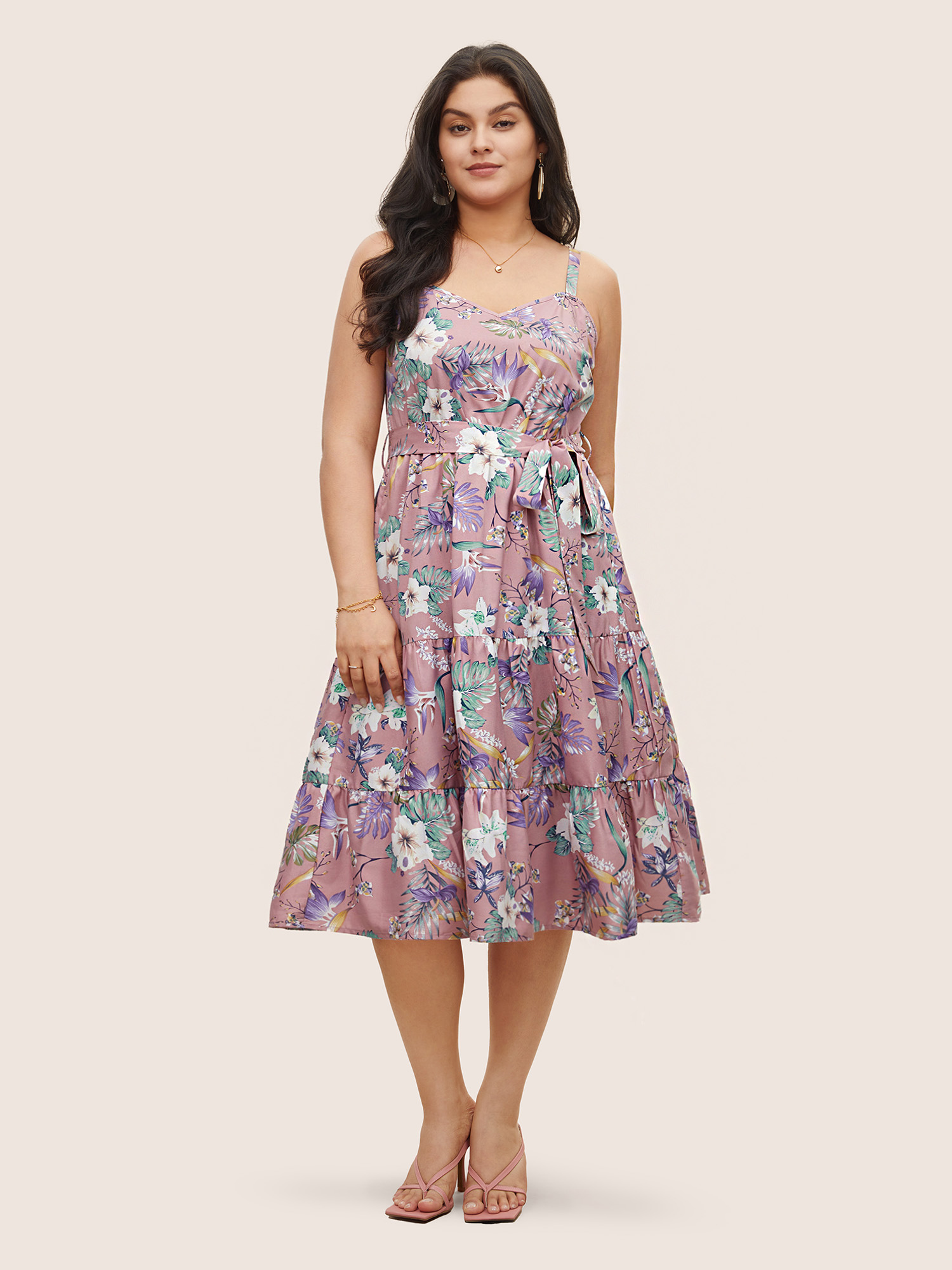 

Plus Size Floral Belted Adjustable Straps Layered Hem Dress Crepe Women Elegant Non Non Sleeveless Curvy Midi Dress BloomChic