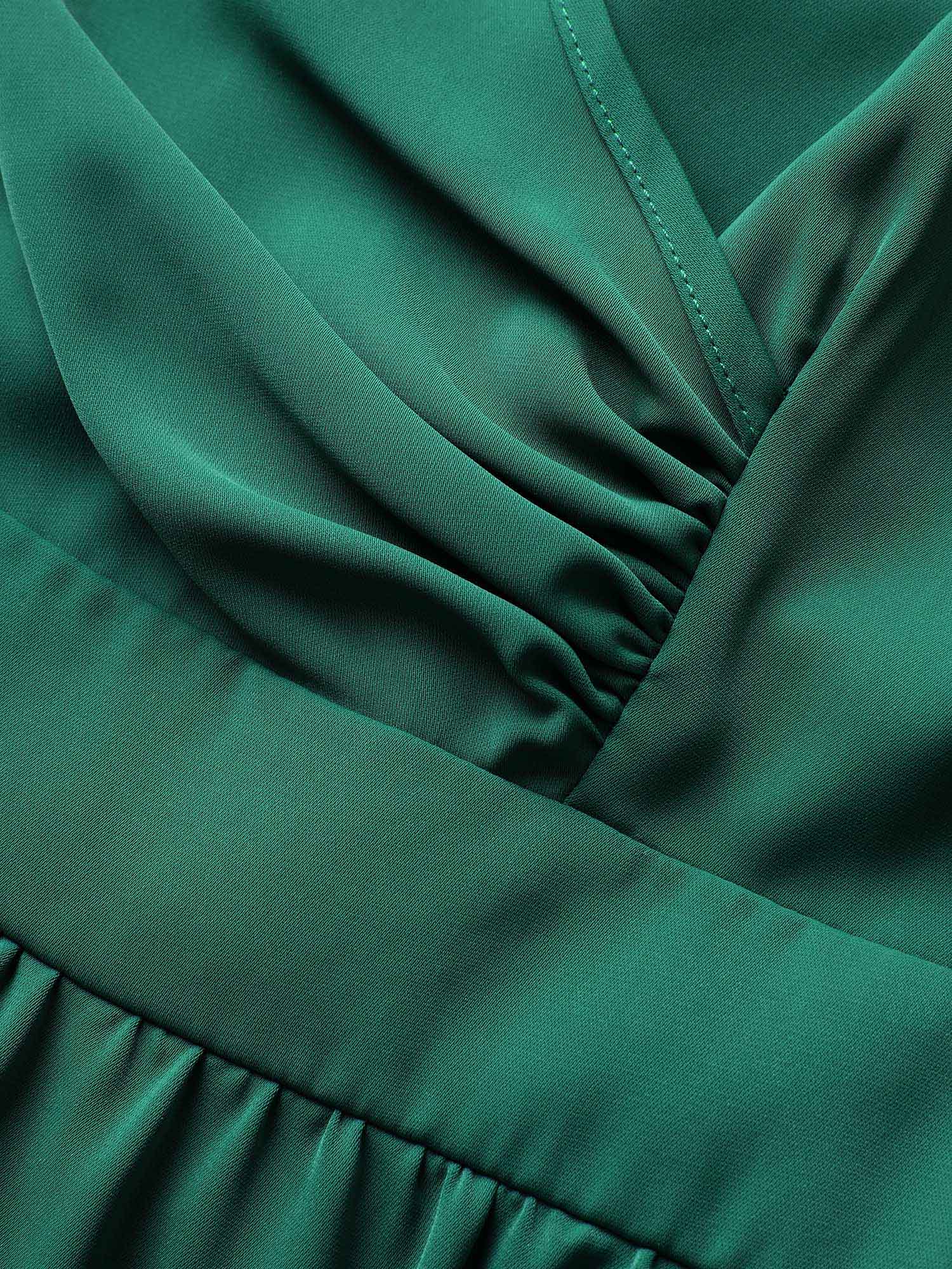 

Plus Size Overlap Collar Ruffle Cap Sleeve Gathered Dress Emerald Women Non Curvy Midi Dress BloomChic