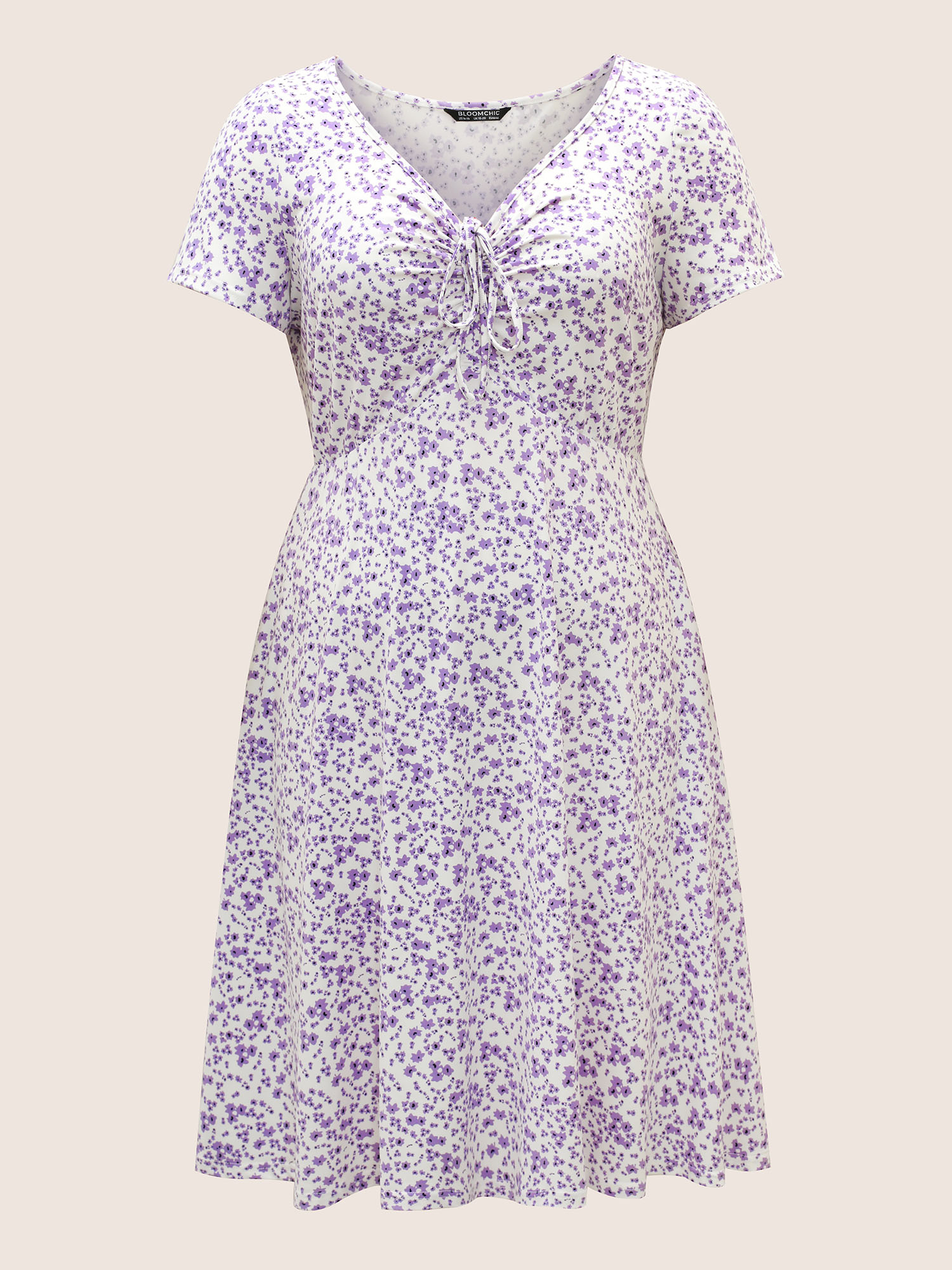 Plus Size Ditsy Floral Elastic Waist Knot Drawstring Dress Lilac Women Non V-neck Short sleeve Curvy Midi Dress BloomChic 30/6X 