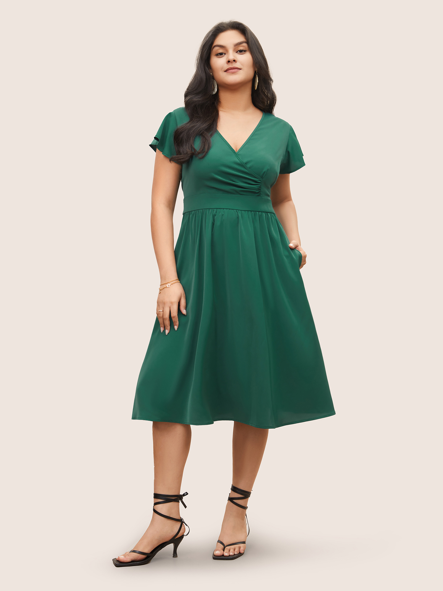 

Plus Size Overlap Collar Ruffle Cap Sleeve Gathered Dress Emerald Women Elegant Non Overlap Collar Cap Sleeve Curvy Midi Dress BloomChic