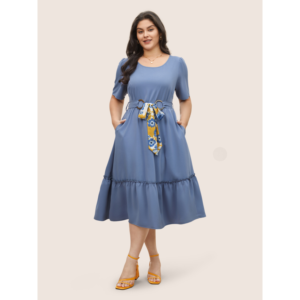 

Plus Size Solid Frill Trim Buckle Detail Belted Dress Stone Women Non Curvy Midi Dress BloomChic