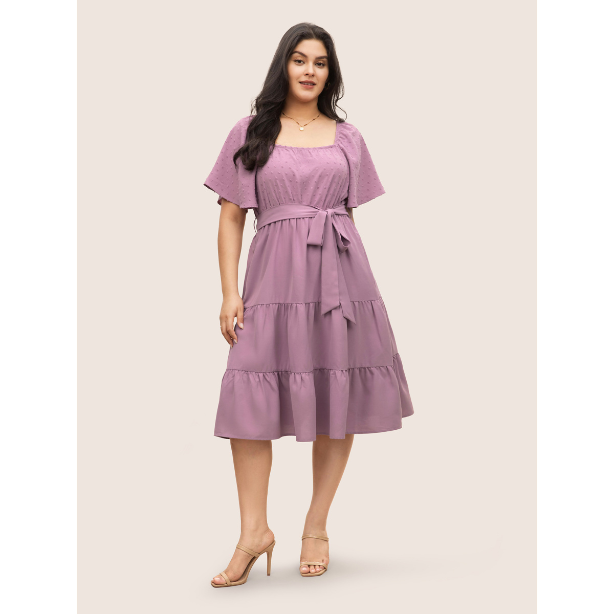 

Plus Size Plain Textured Ruffle Layered Hem Belted Dress Lilac Women Non Curvy Midi Dress BloomChic