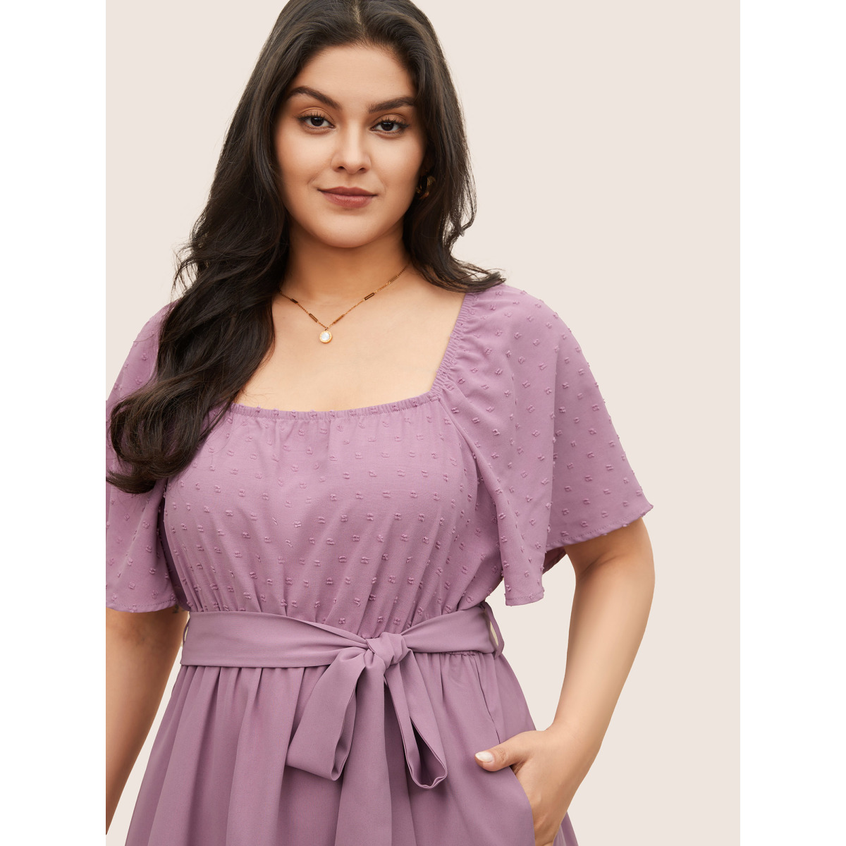 

Plus Size Plain Textured Ruffle Layered Hem Belted Dress Lilac Women Non Curvy Midi Dress BloomChic
