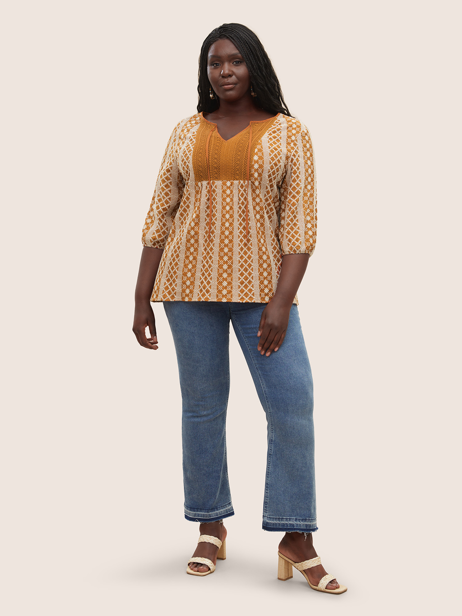 Plus Size OrangeRed Boho Print Embroidered Eyelet Lace Knot Neck Blouse Women Resort Flat collar with V-notch Vacation Blouses BloomChic 18-20/2X 