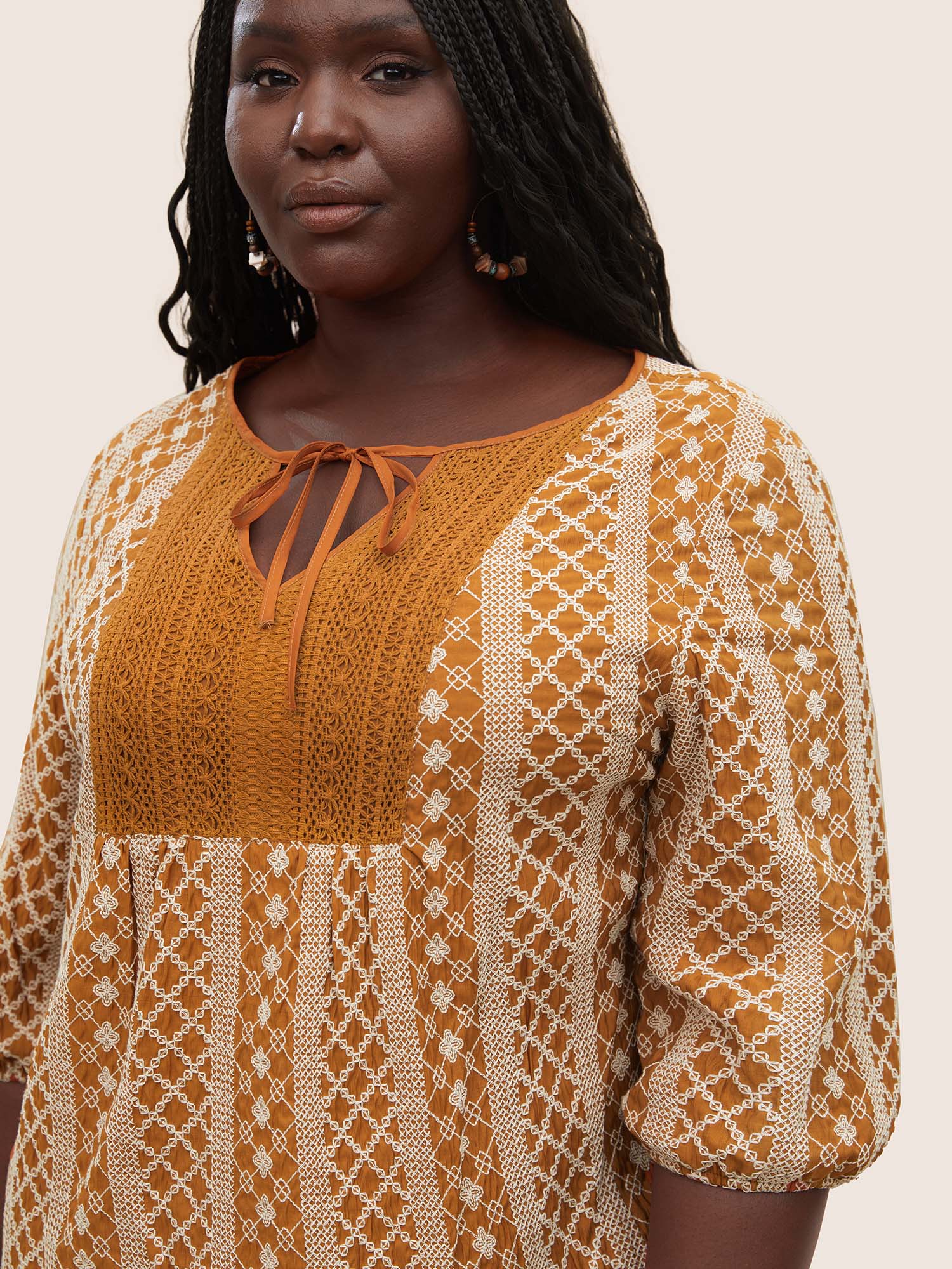 

Plus Size OrangeRed Boho Print Embroidered Eyelet Lace Knot Neck Blouse Women Resort Elbow-length sleeve Flat collar with V-notch Vacation Blouses BloomChic