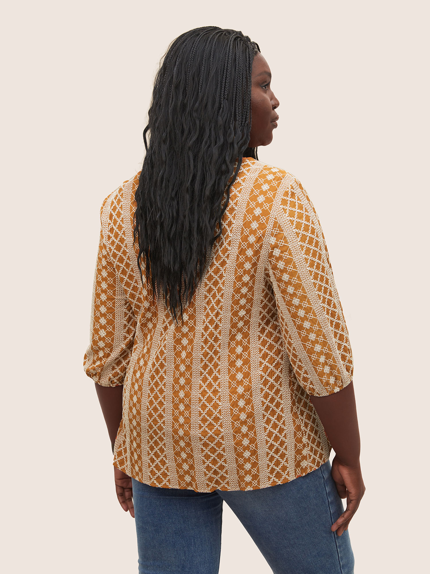 Plus Size OrangeRed Boho Print Embroidered Eyelet Lace Knot Neck Blouse Women Resort Flat collar with V-notch Vacation Blouses BloomChic 18-20/2X 
