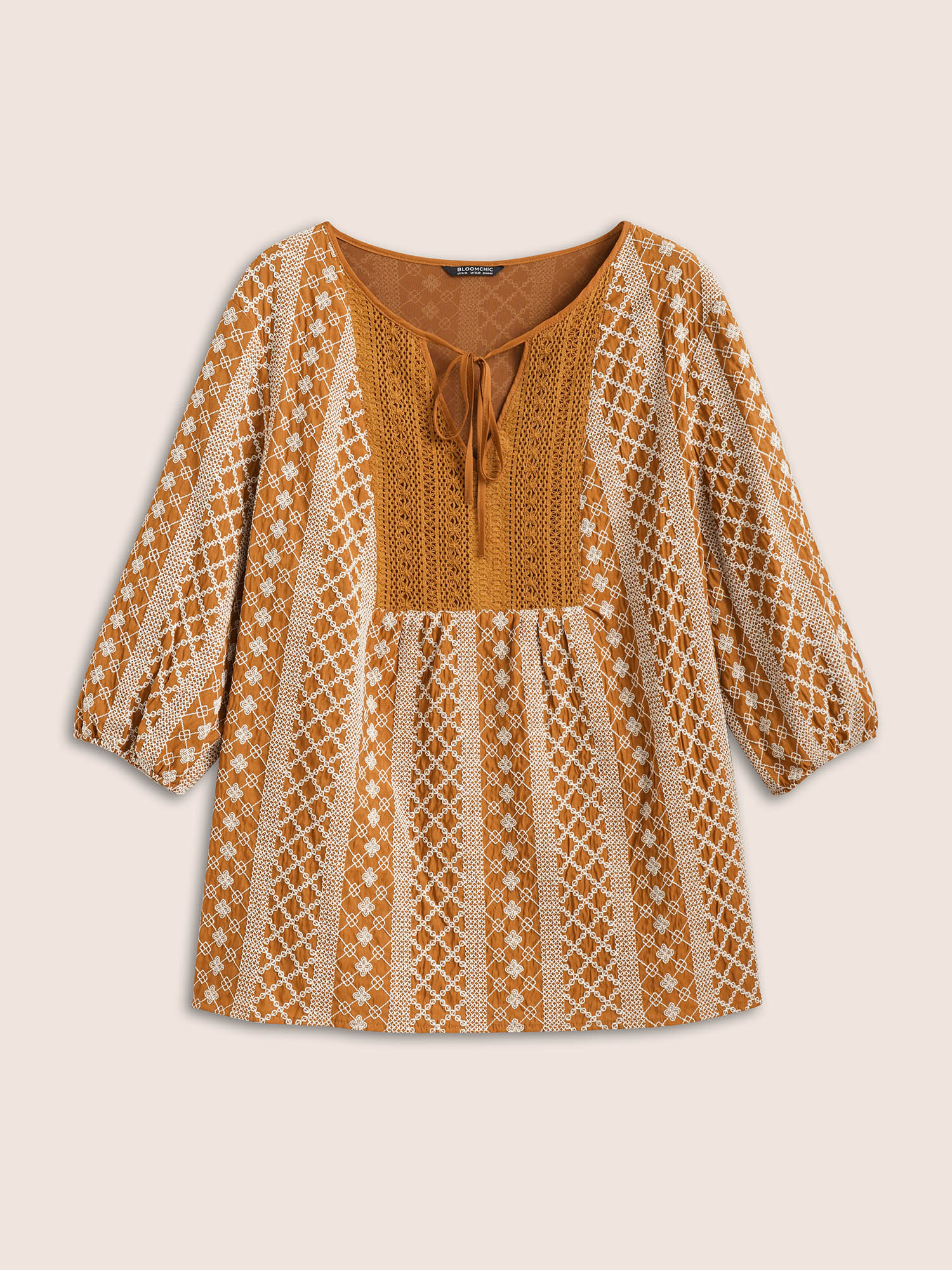 Plus Size OrangeRed Boho Print Embroidered Eyelet Lace Knot Neck Blouse Women Resort Flat collar with V-notch Vacation Blouses BloomChic 18-20/2X 