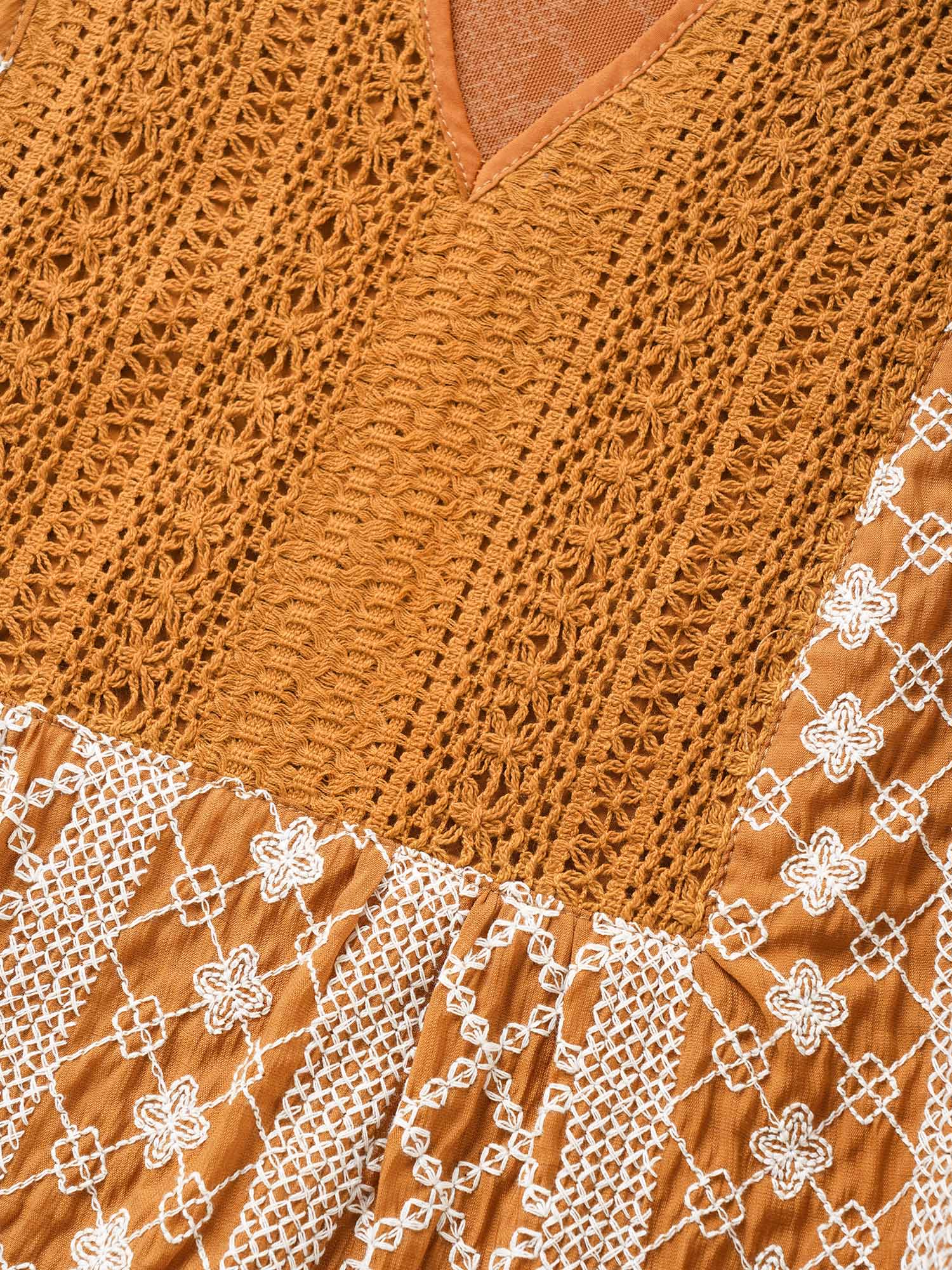 Plus Size OrangeRed Boho Print Embroidered Eyelet Lace Knot Neck Blouse Women Resort Flat collar with V-notch Vacation Blouses BloomChic 18-20/2X 
