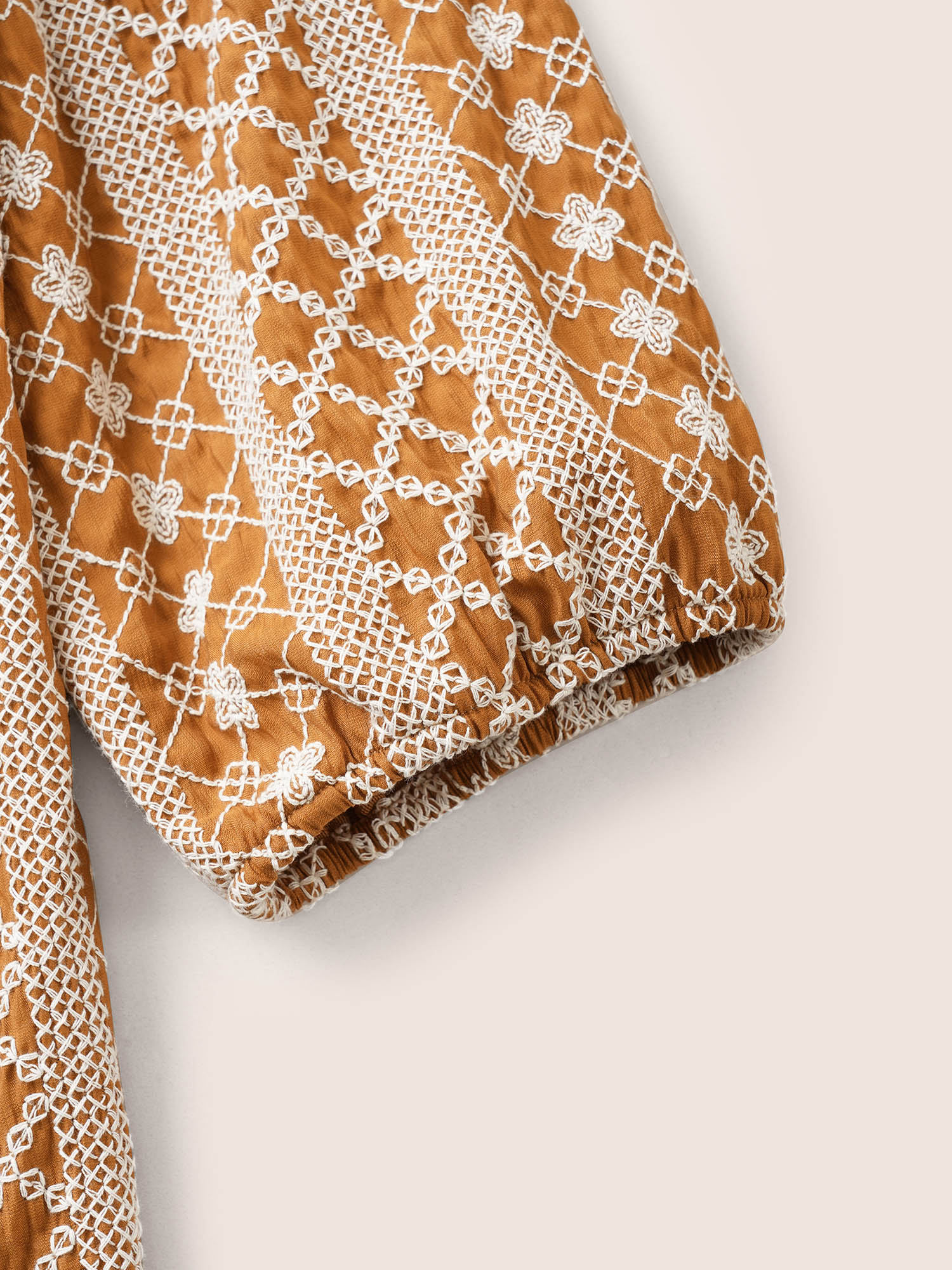 Plus Size OrangeRed Boho Print Embroidered Eyelet Lace Knot Neck Blouse Women Resort Flat collar with V-notch Vacation Blouses BloomChic 18-20/2X 