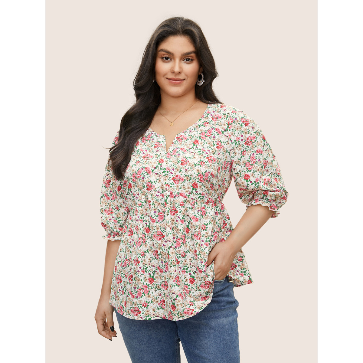 

Plus Size Multicolor Ditsy Floral Notched Gathered Ruffles Blouse Women Elegant Elbow-length sleeve Notched collar Everyday Blouses BloomChic
