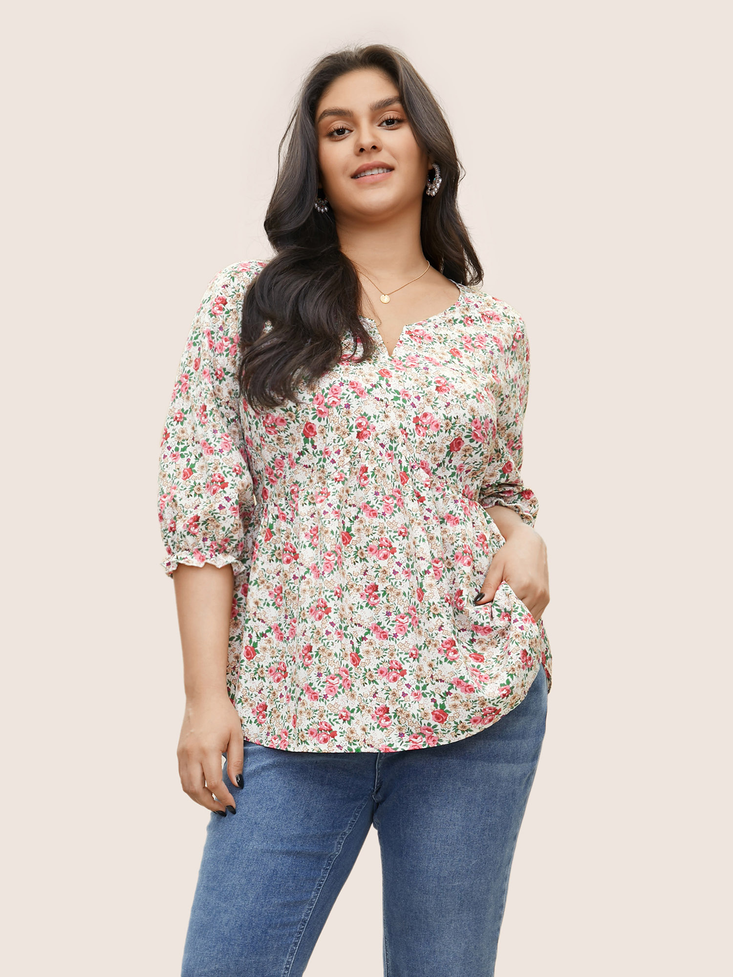 

Plus Size Multicolor Ditsy Floral Notched Gathered Ruffles Blouse Women Elegant Elbow-length sleeve Notched collar Everyday Blouses BloomChic