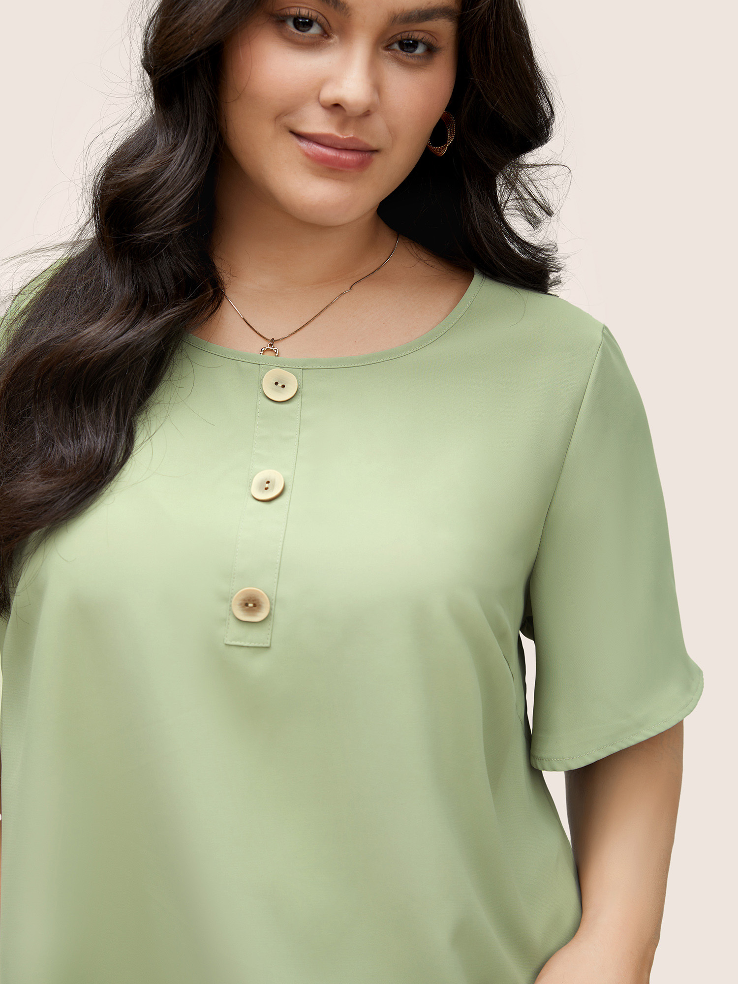 

Plus Size Mint Static-Free Solid Button Detail Flutter Sleeve Blouse Women Casual Short sleeve Round Neck Everyday Blouses BloomChic