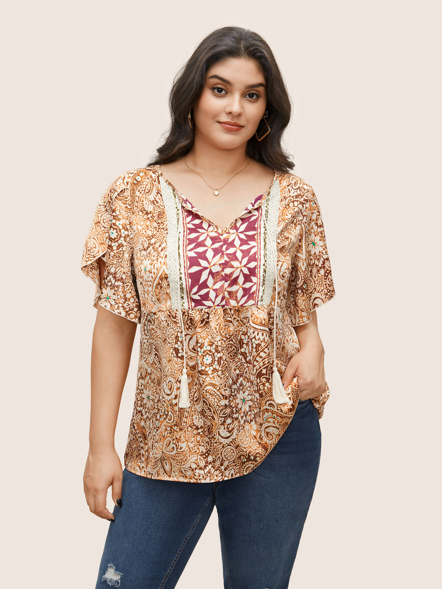 

Plus Size Multicolor Bandana Print Tassel Trim Petal Sleeve Blouse Women Resort Short sleeve Flat collar with V-notch Vacation Blouses BloomChic