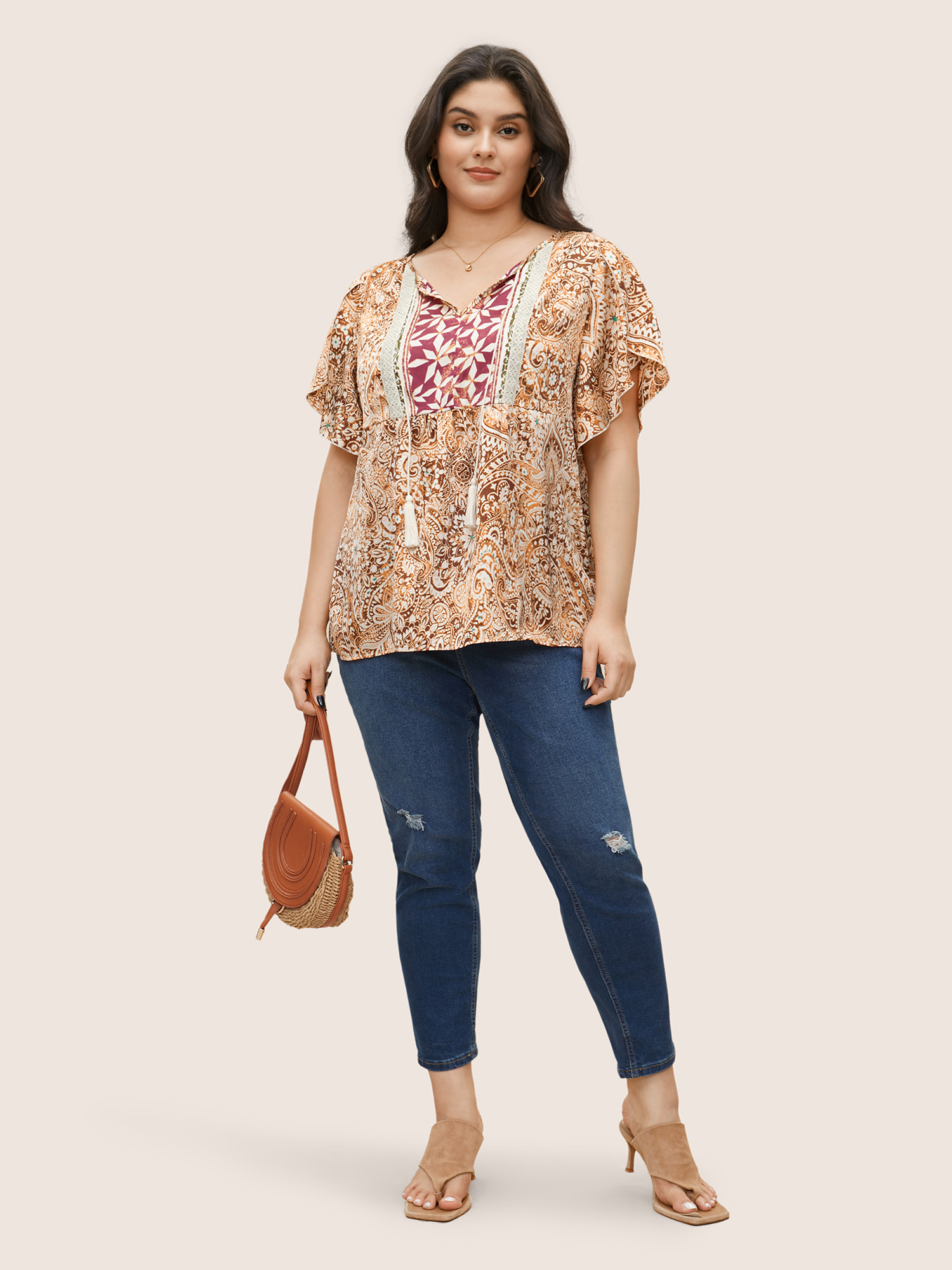 

Plus Size Multicolor Bandana Print Tassel Trim Petal Sleeve Blouse Women Resort Short sleeve Flat collar with V-notch Vacation Blouses BloomChic