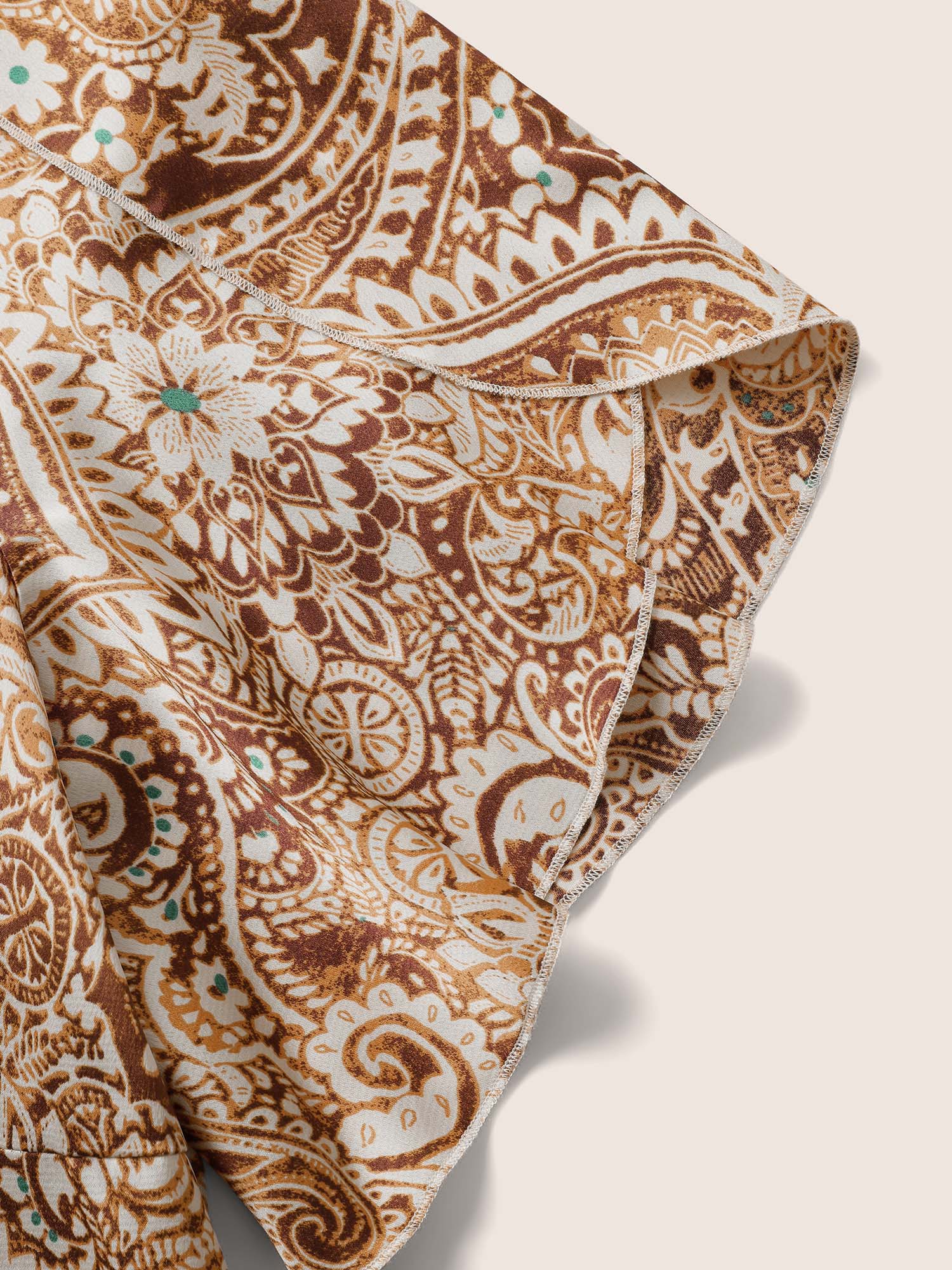 Plus Size Multicolor Bandana Print Tassel Trim Petal Sleeve Blouse Women Resort Short sleeve Flat collar with V-notch Vacation Blouses BloomChic 12/L 
