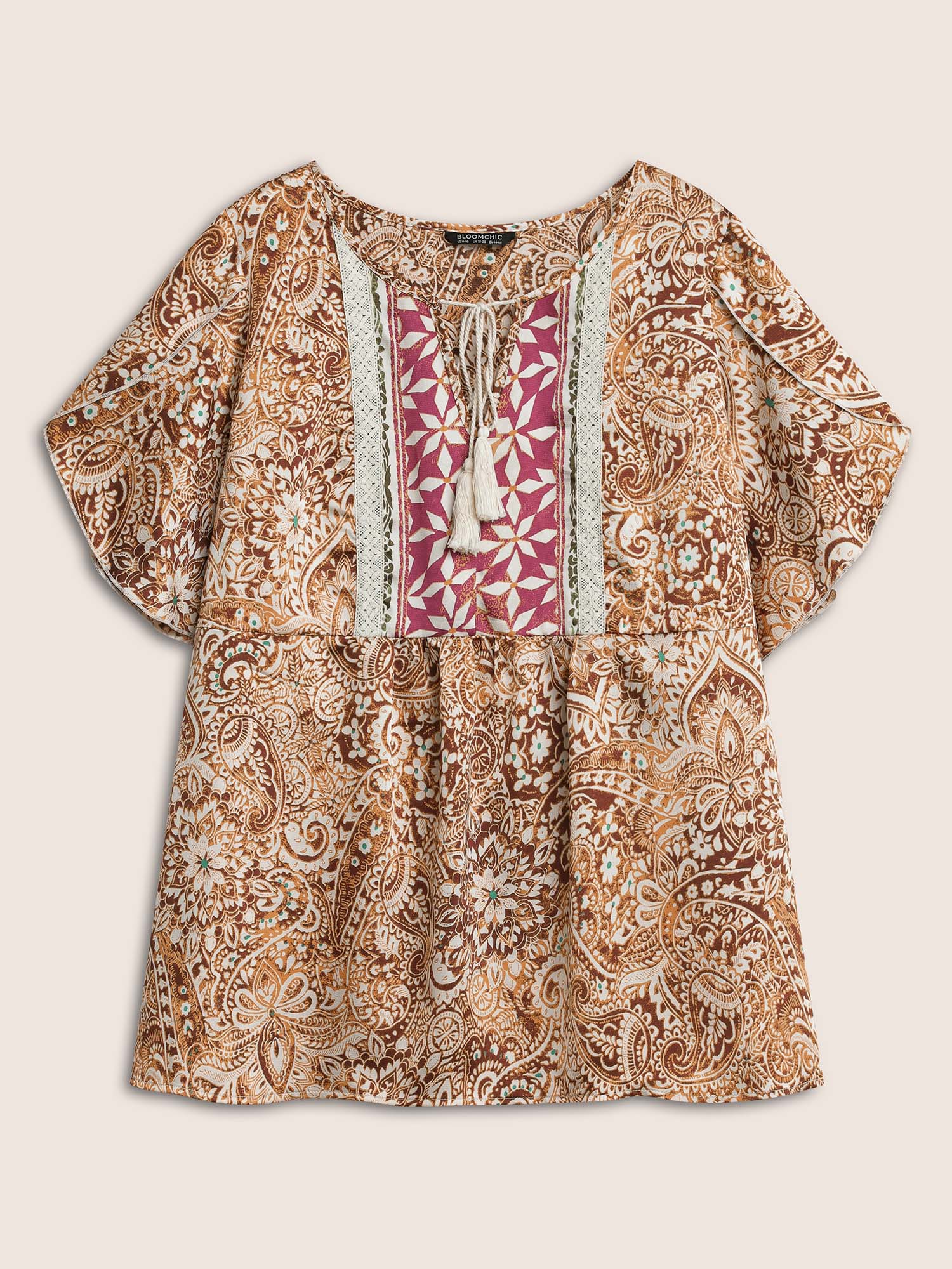 Plus Size Multicolor Bandana Print Tassel Trim Petal Sleeve Blouse Women Resort Short sleeve Flat collar with V-notch Vacation Blouses BloomChic 12/L 