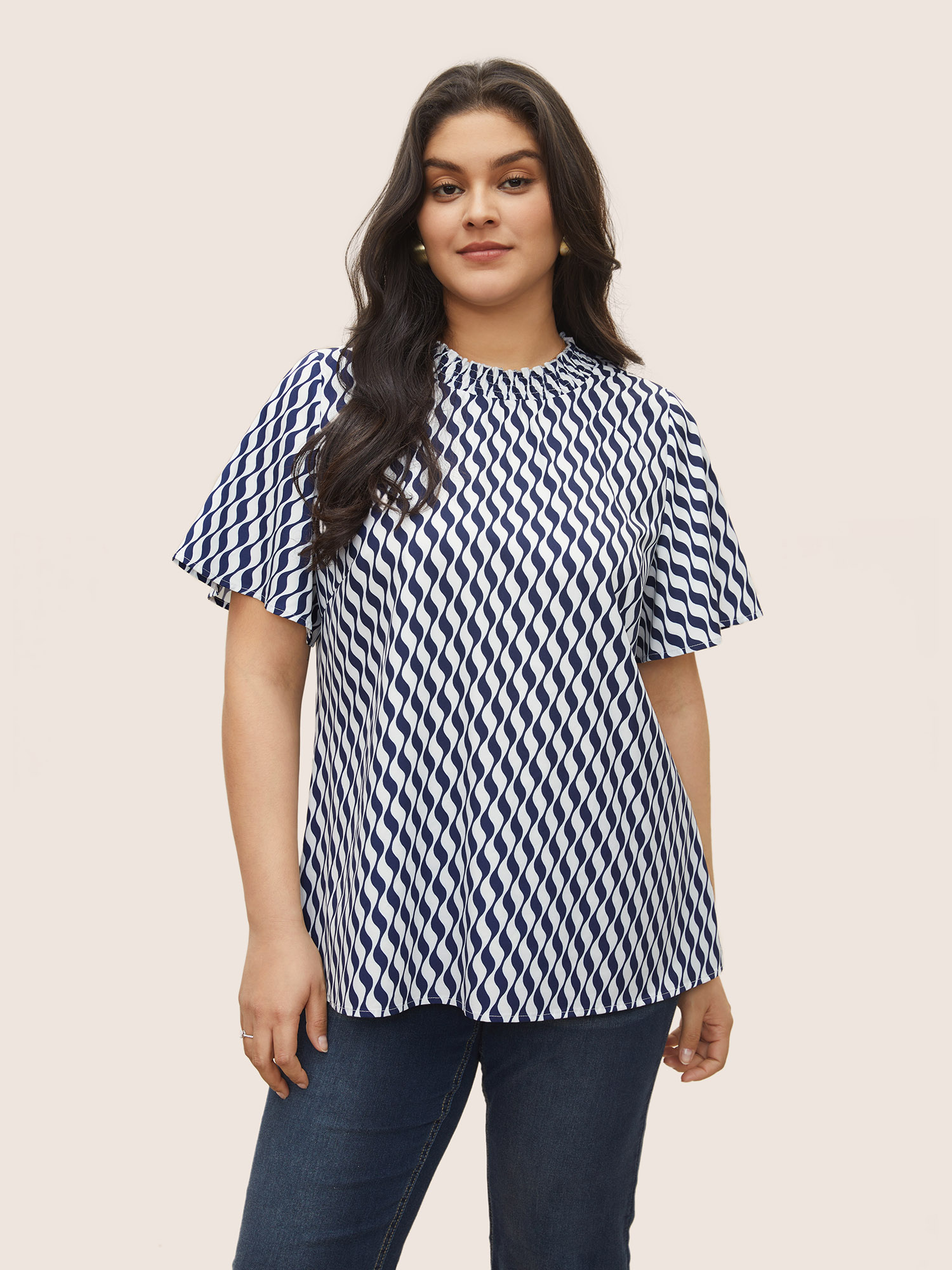 

Plus Size Blue Geometric Mock Neck Shirred Ruffle Sleeve Blouse Women At the Office Short sleeve Mock Neck Work Blouses BloomChic