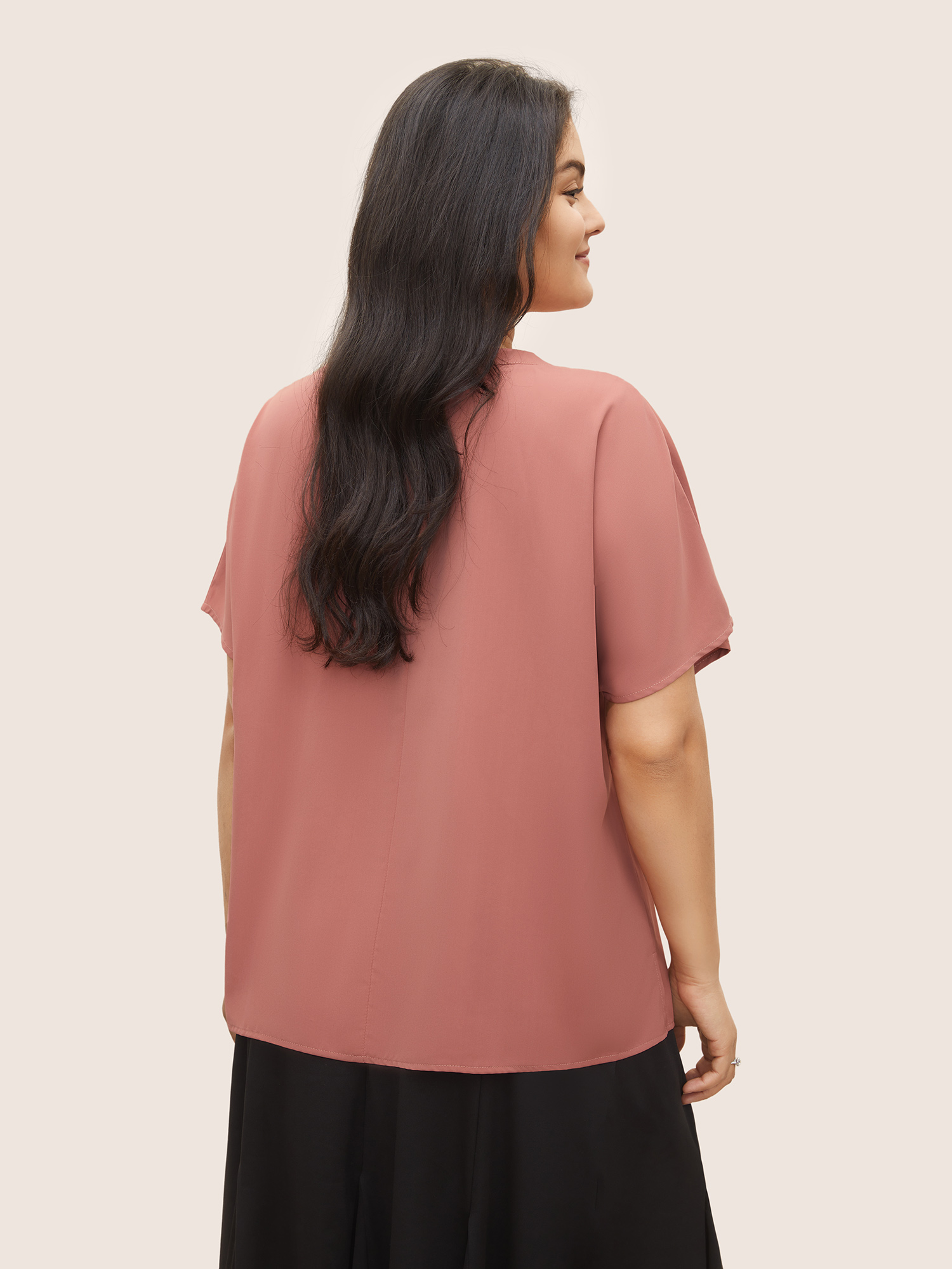 

Plus Size DustyPink Plain Pleated Notched Dolman Sleeve Blouse Women Work From Home Short sleeve Notched collar Work Blouses BloomChic