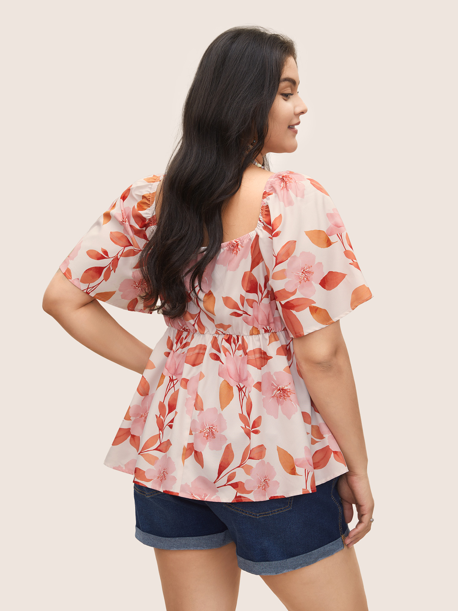 

Plus Size Apricot Floral Ruffle Sleeve Elastic Waist Blouse Women Resort Short sleeve Square Neck Vacation Blouses BloomChic