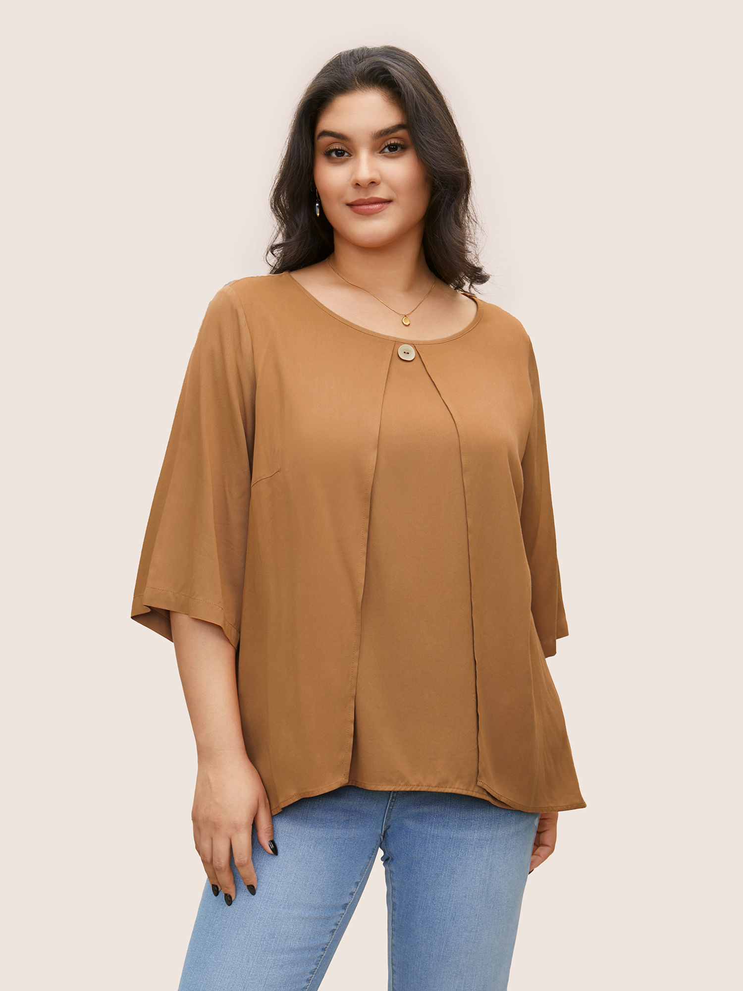 

Plus Size Orange Solid Tiered Button Detail Ruffle Sleeve Blouse Women Casual Elbow-length sleeve Round Neck Everyday Blouses BloomChic