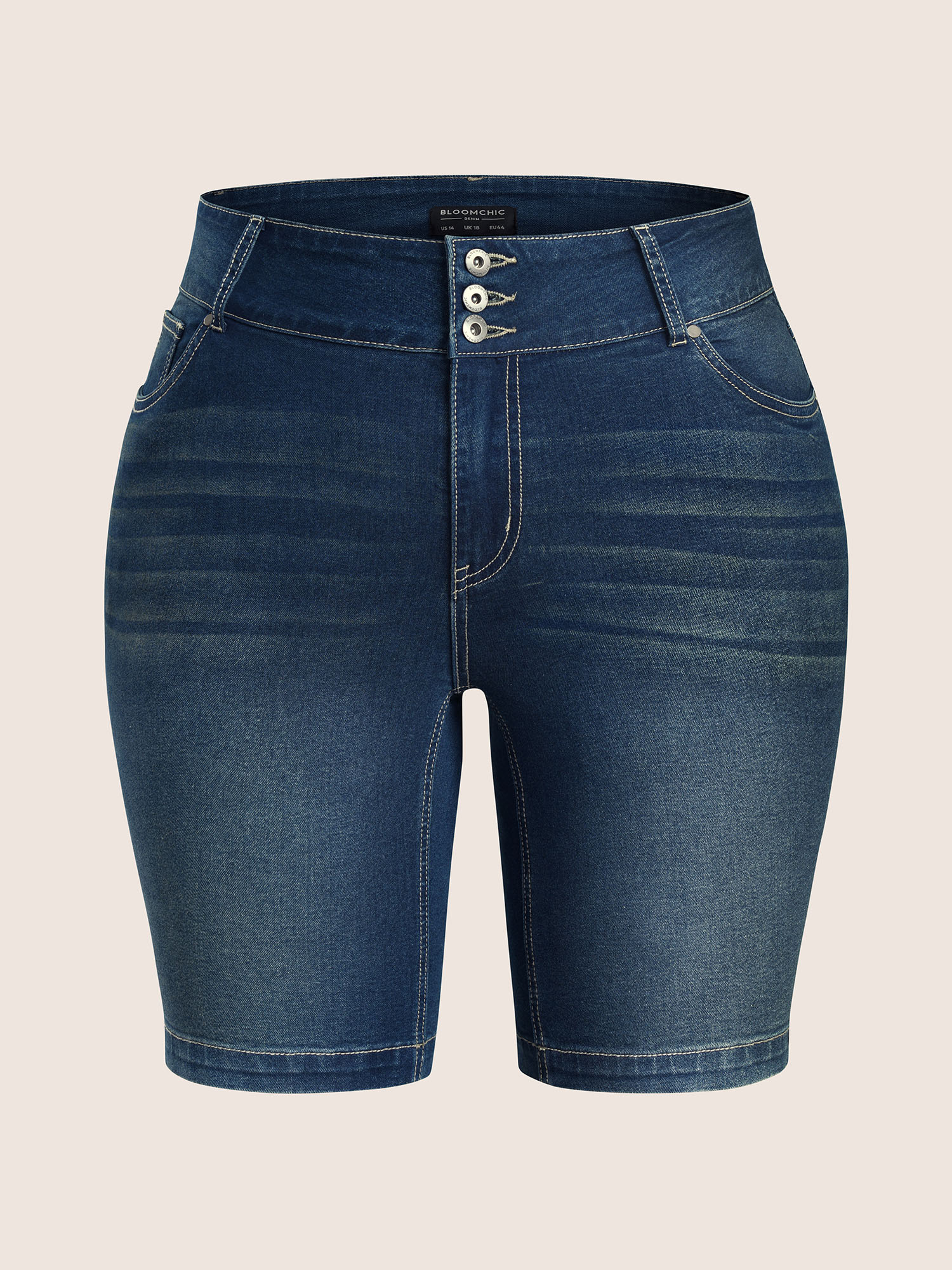 Plus Size Skinny Medium Wash Pocket Button Up Denim Shorts Women Indigo Non High stretch Everyday Slanted pocket Casual Denim Shorts BloomChic 14/1X 