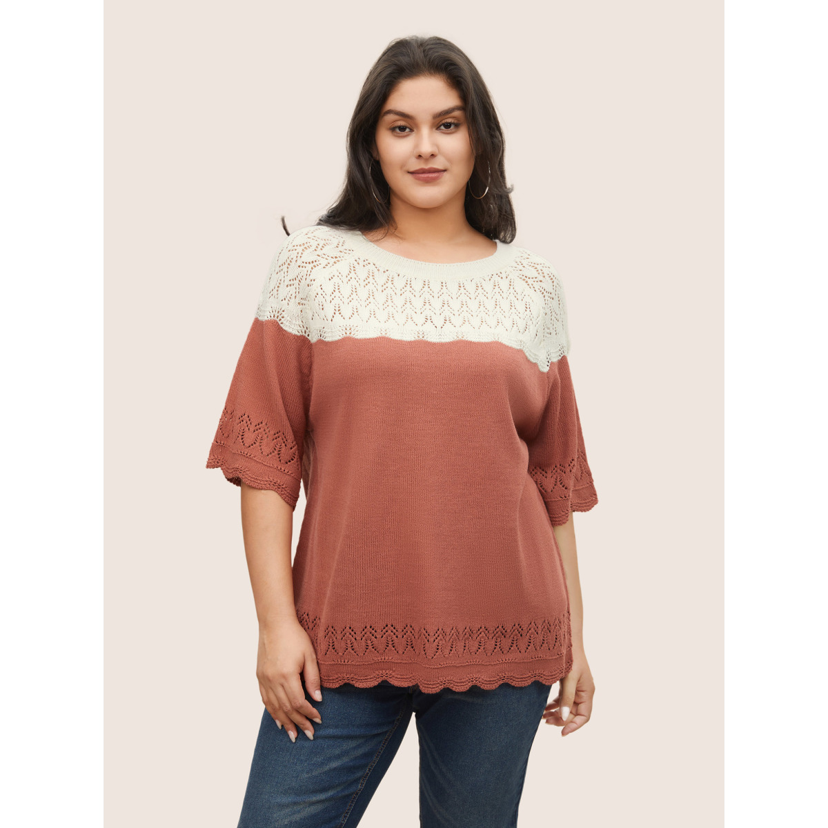 

Contrast Texture Geometric Cut Out Sweater T-shirt Plus Size Rust Women Texture Colorblock Round Neck Half Sleeve  Bloomchic