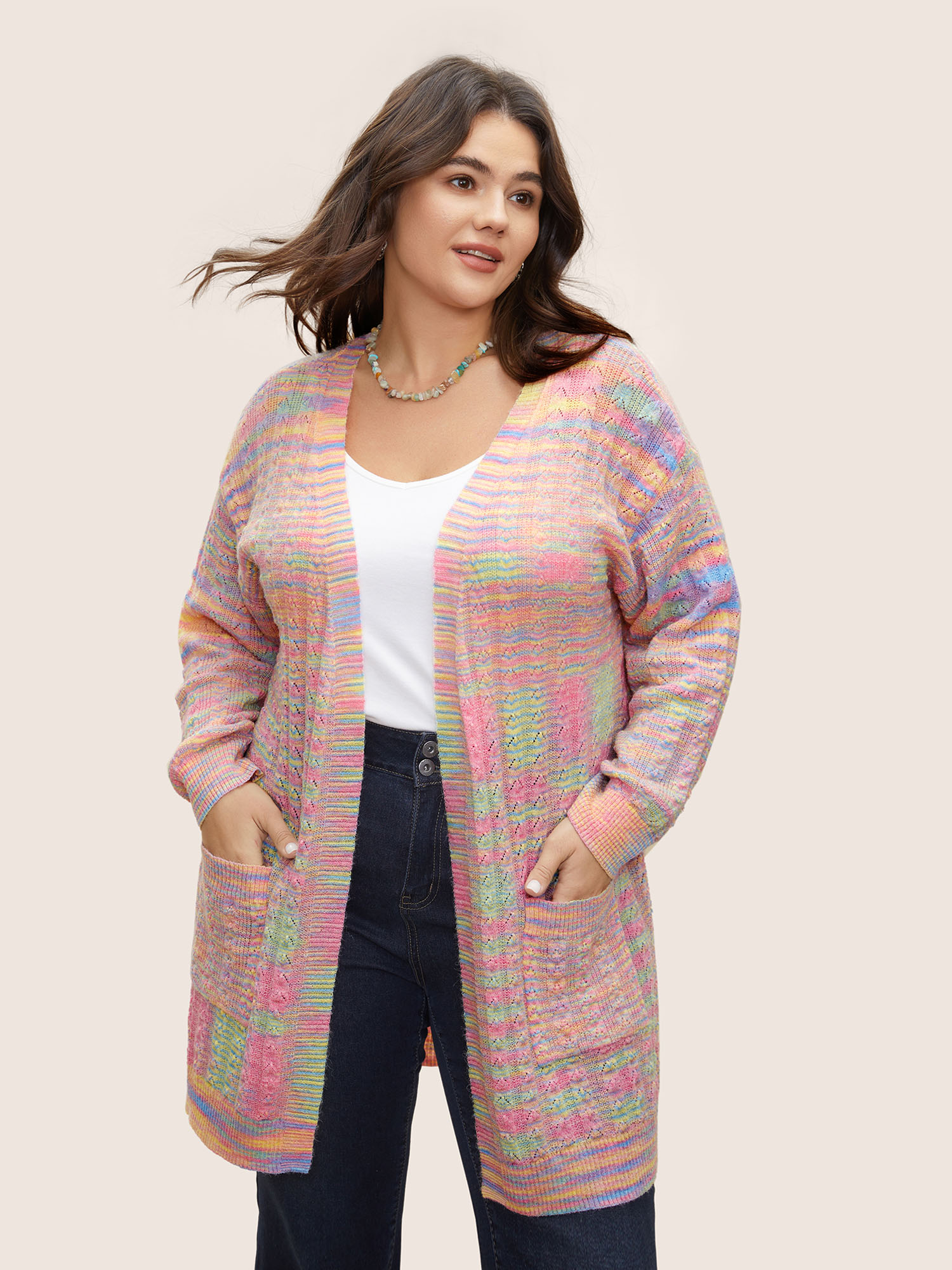 

Plus Size Ombre Heather Texture Cable Knit Pocket Cardigan Multicolor Women Casual Everyday Cardigans BloomChic