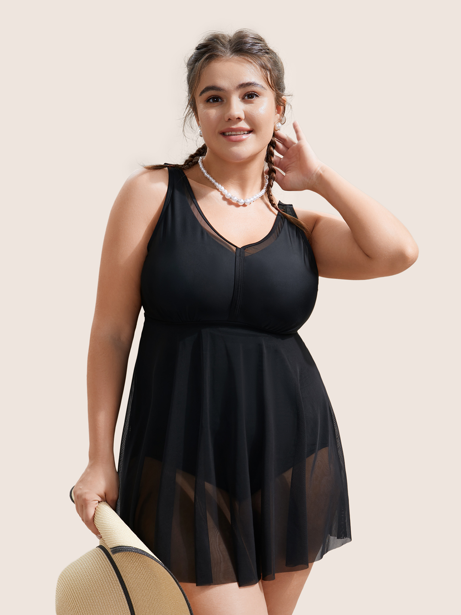 

Plus Size Solid Mesh Patchwork Adjustable Straps Swim Dress Women's Swimwear Black Beach Bodycon V-neck High stretch Curve Swim Dresses BloomChic