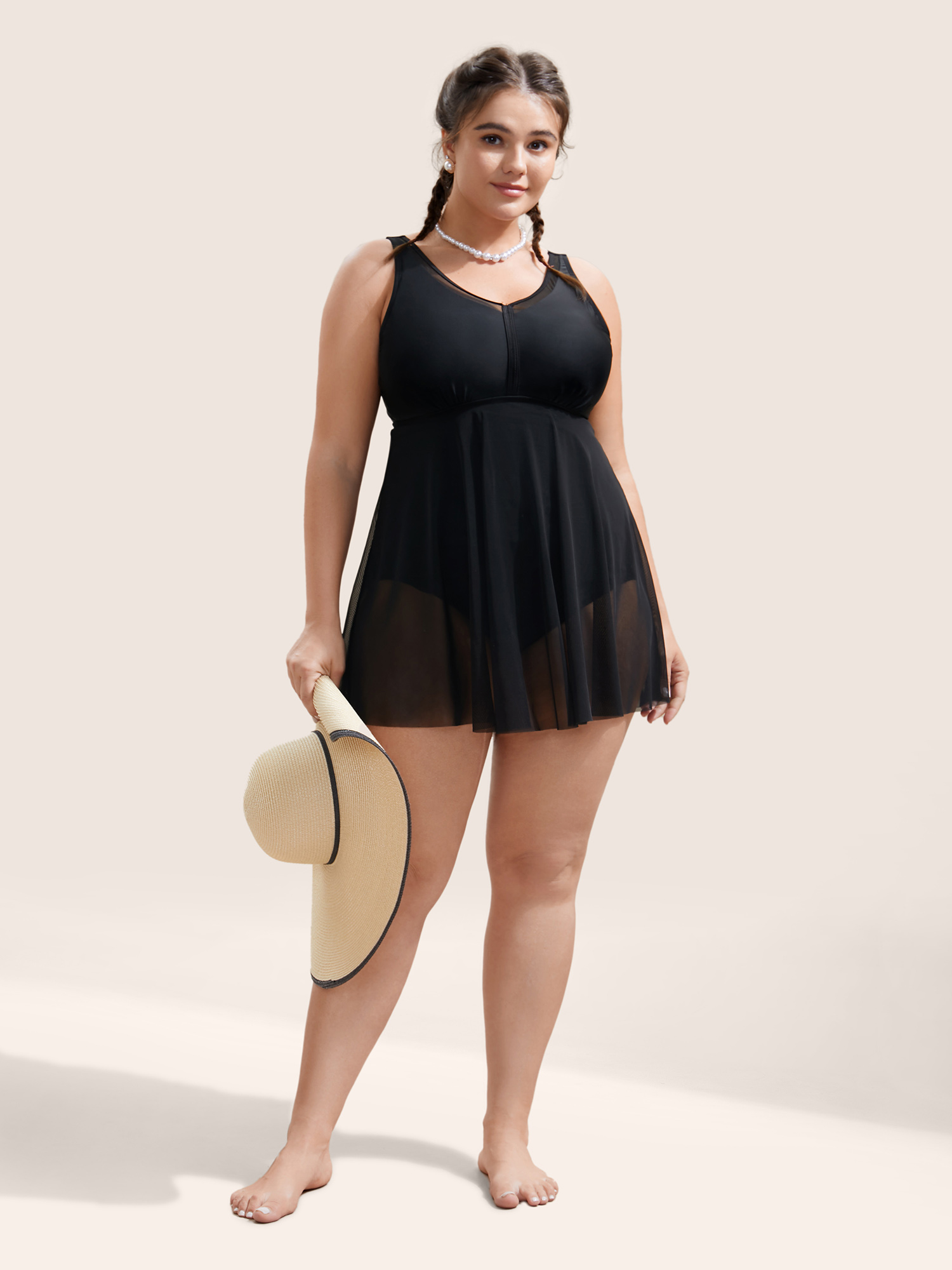 Plus Size Solid Mesh Patchwork Adjustable Straps Swim Dress Women`s Swimwear Black Beach Bodycon High stretch Curve Swim Dresses BloomChic 22-24/3X 