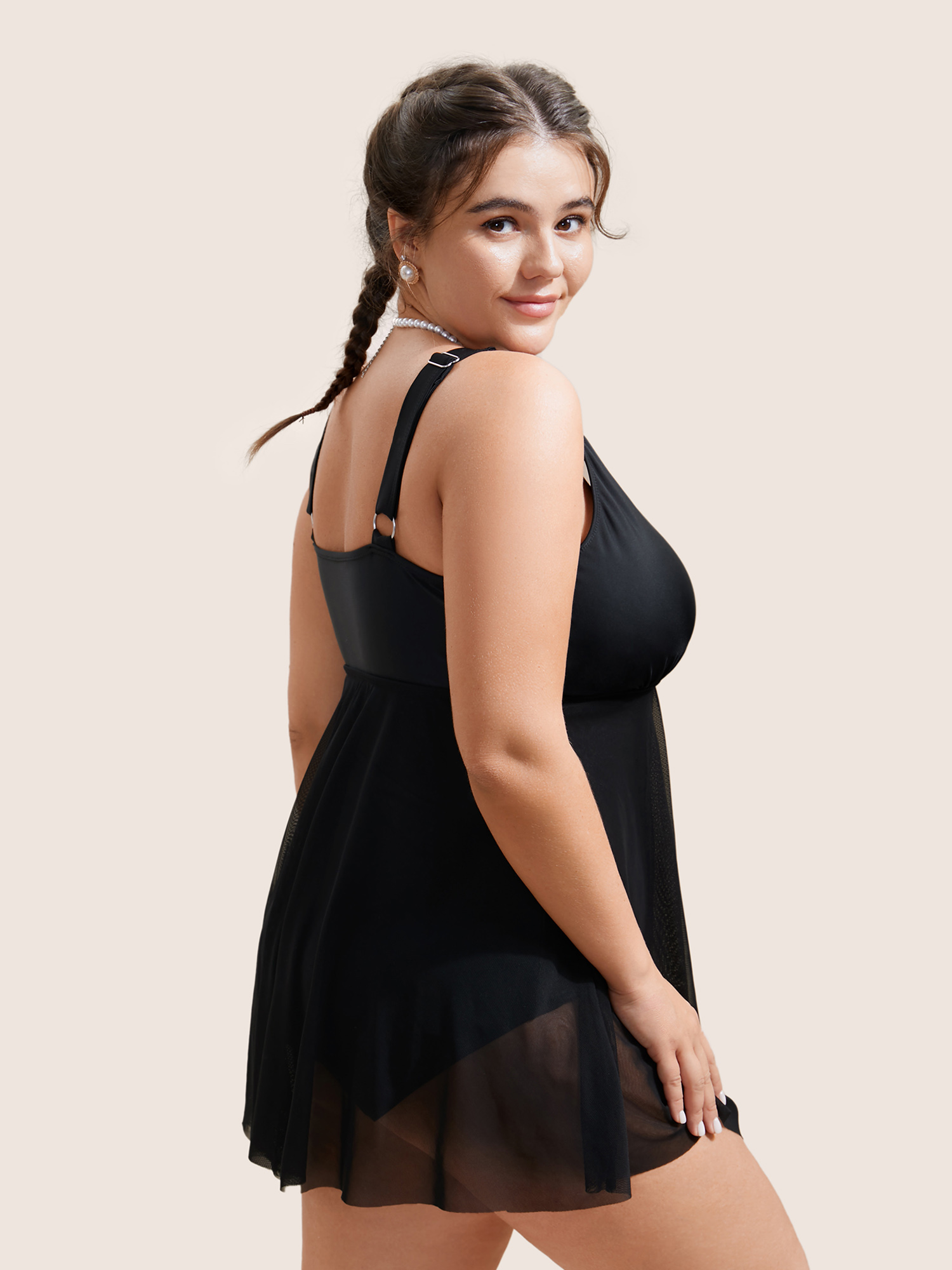 Plus Size Solid Mesh Patchwork Adjustable Straps Swim Dress Women`s Swimwear Black Beach Bodycon High stretch Curve Swim Dresses BloomChic 22-24/3X 