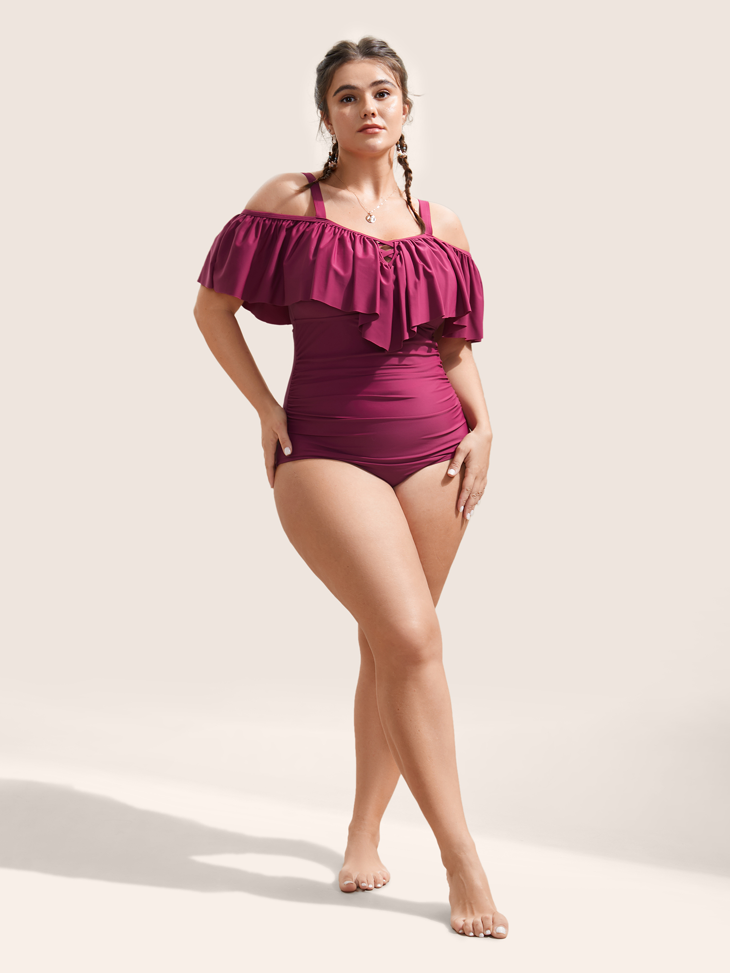 

Plus Size Plain Ruffle Crisscross Neck Tummy Control One Piece Swimsuit Women's Swimwear RedViolet Beach Non Curve Bathing Suits High stretch One Pieces BloomChic