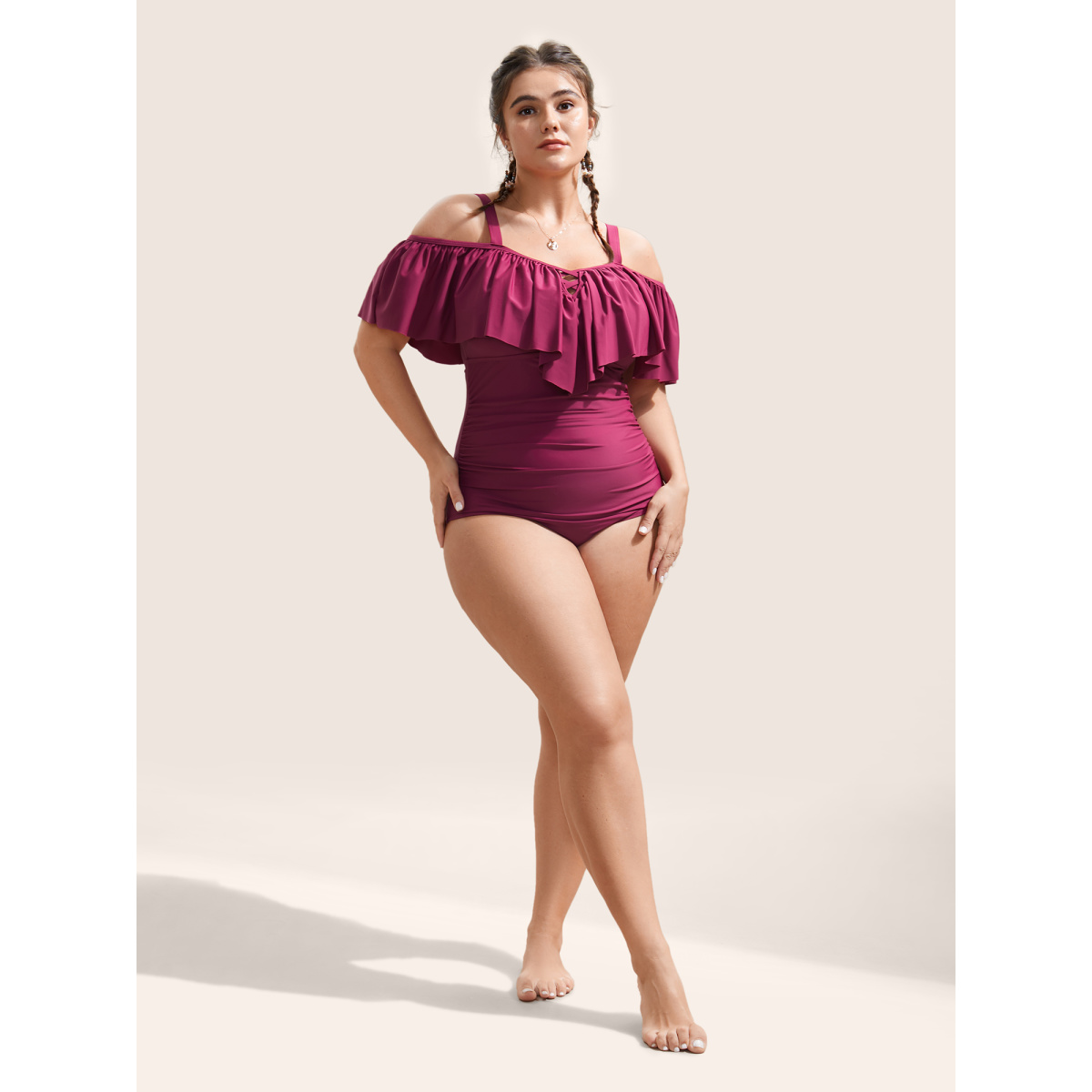 

Plus Size Plain Ruffle Crisscross Neck Tummy Control One Piece Swimsuit Women's Swimwear RedViolet Beach Non Curve Bathing Suits High stretch One Pieces BloomChic