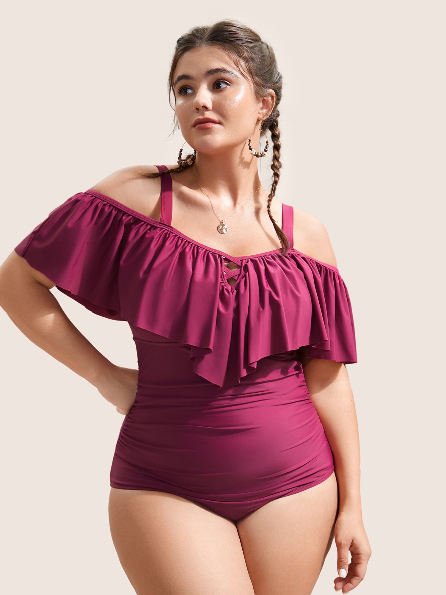 

Plus Size Plain Ruffle Crisscross Neck Tummy Control One Piece Swimsuit Women's Swimwear RedViolet Beach Non Curve Bathing Suits High stretch One Pieces BloomChic