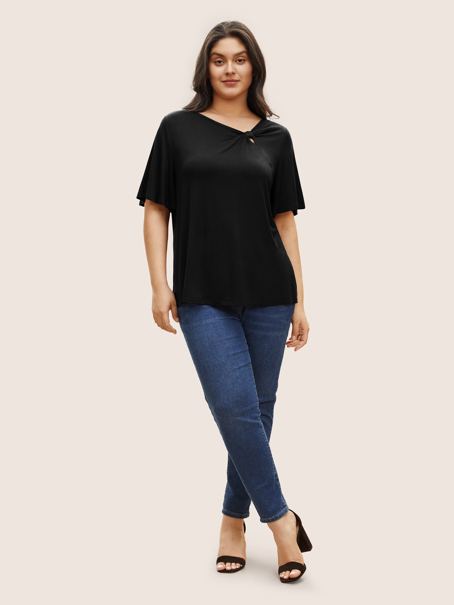 Plus Size Supersoft Essentials Twist Front Asymmetrical Neck T-shirt Black Women Elegant Non Plain Asymmetrical Neck Everyday T-shirts BloomChic 12/L 
