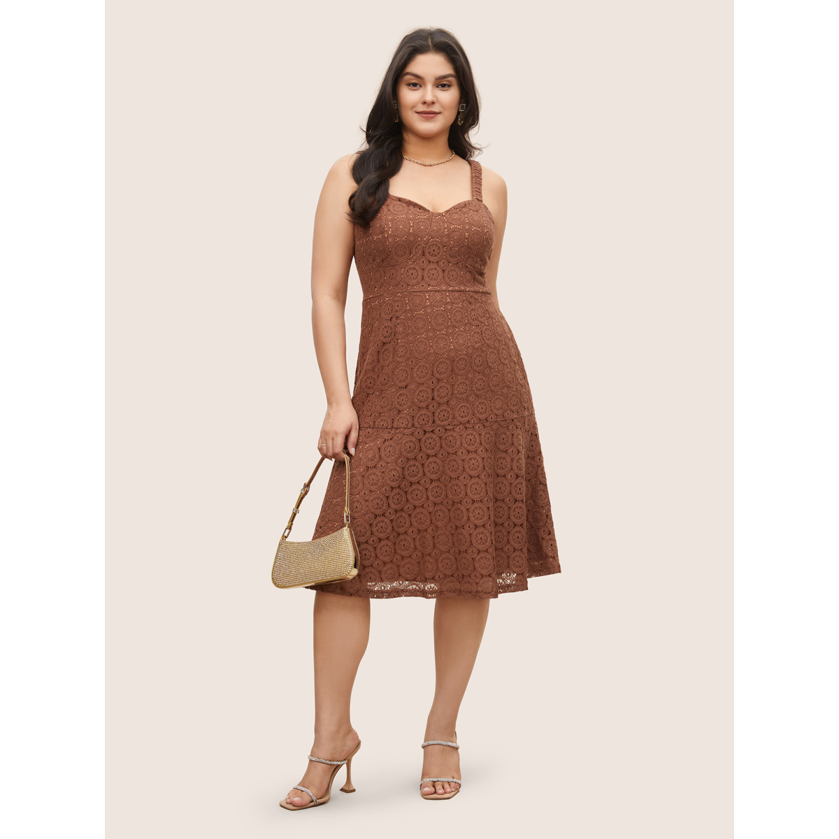 

Plus Size Solid Lace Geometric Hollow Out Cami Dress Burgundy Women Non V-neck Curvy Midi Dress BloomChic