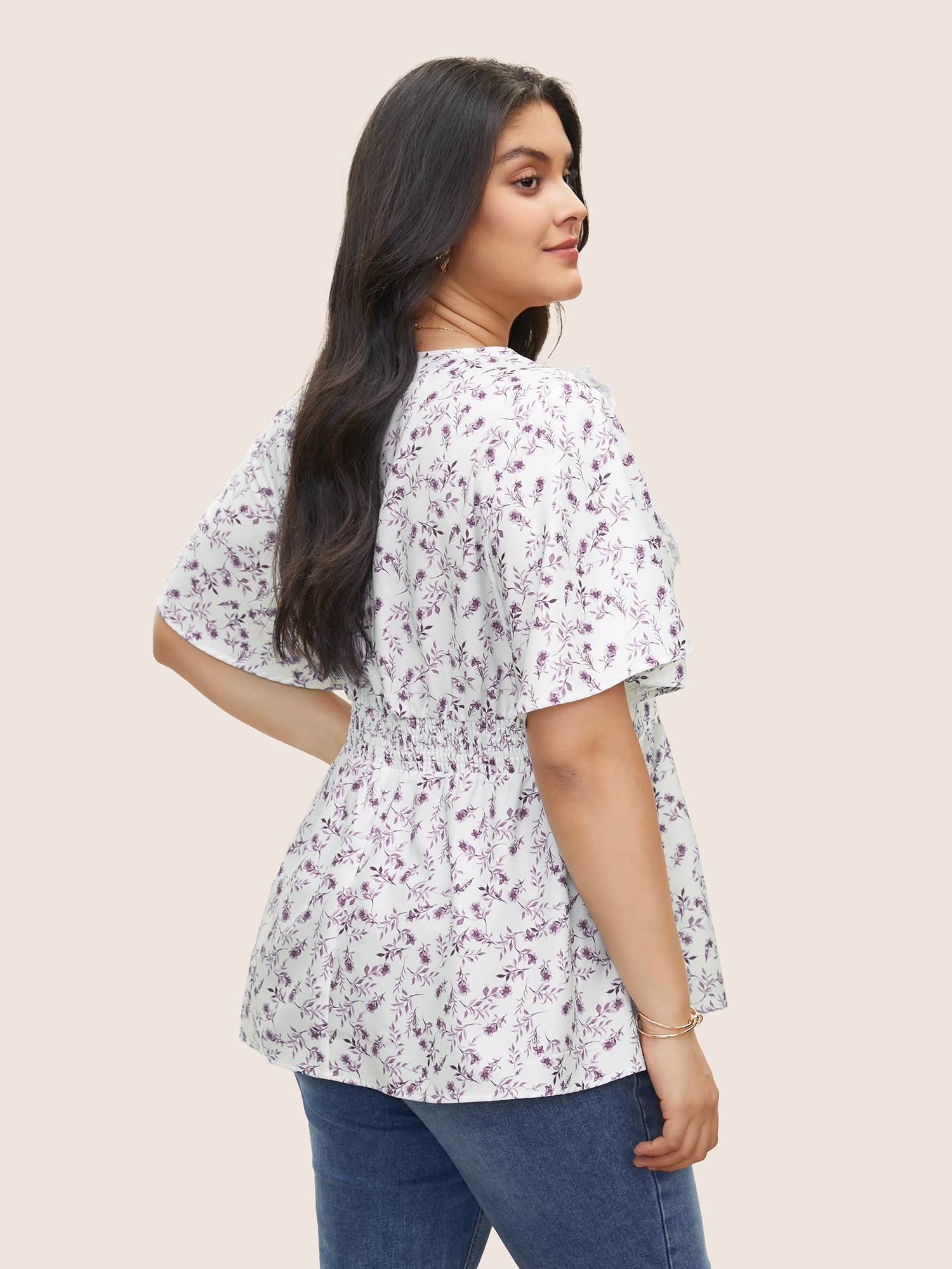 Plus Size Purple Floral Pleated Elastic Waist Ruffle Sleeve Blouse Women Elegant Half Sleeve V-neck Everyday Blouses BloomChic 10/M 