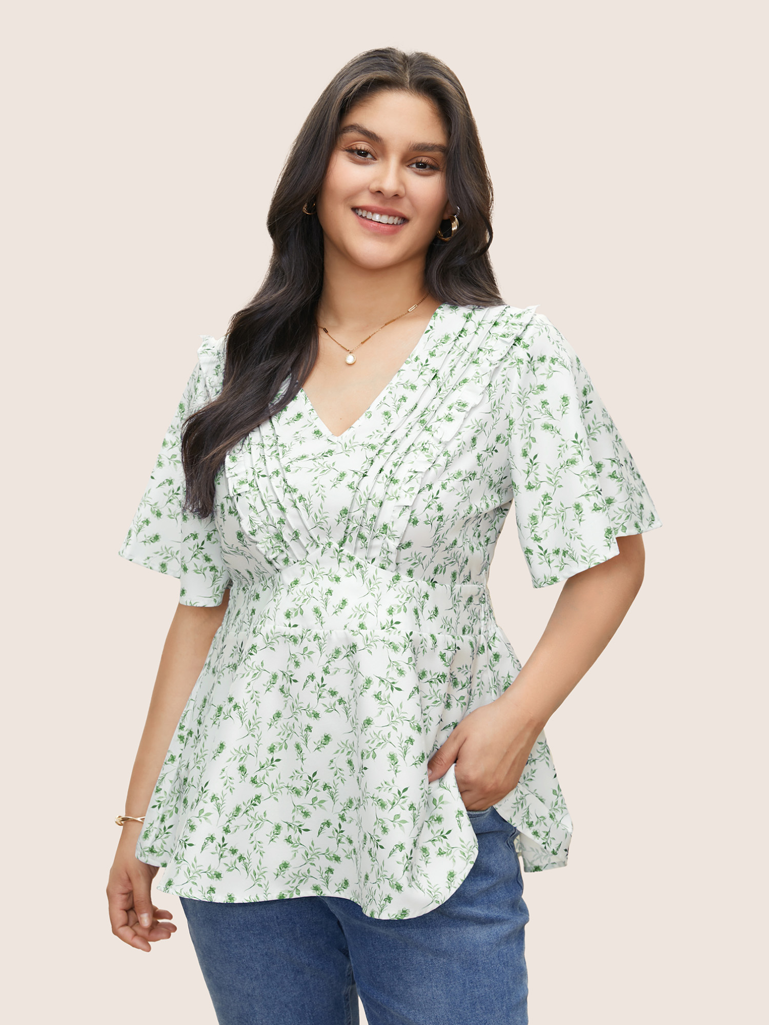 

Plus Size Green Floral Pleated Elastic Waist Ruffle Sleeve Blouse Women Elegant Half Sleeve V-neck Everyday Blouses BloomChic