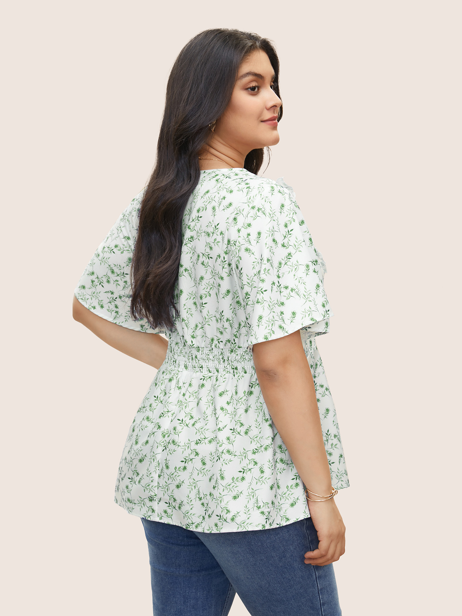 

Plus Size Green Floral Pleated Elastic Waist Ruffle Sleeve Blouse Women Elegant Half Sleeve V-neck Everyday Blouses BloomChic