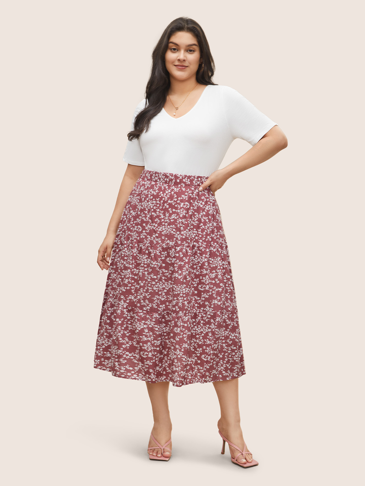 Plus Size Ditsy Floral Elastic Waist Pocket Skirt Women DustyPink Elegant Non No stretch Slanted pocket Everyday Skirts BloomChic 18-20/2X 