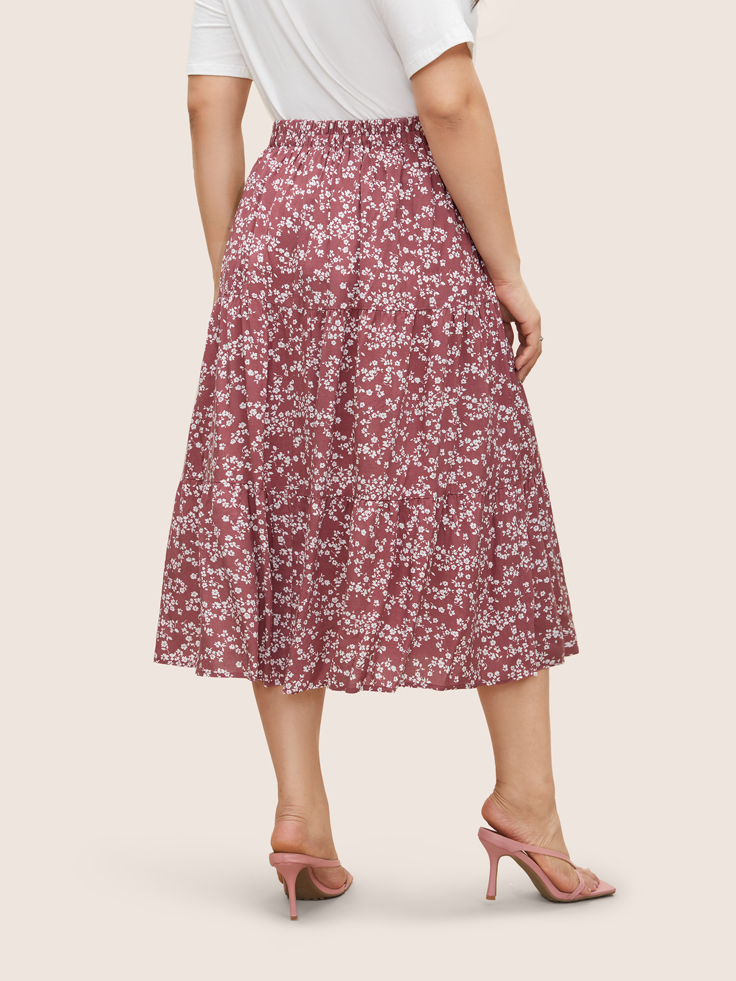 Plus Size Ditsy Floral Elastic Waist Pocket Skirt Women DustyPink Elegant Non No stretch Slanted pocket Everyday Skirts BloomChic 18-20/2X 