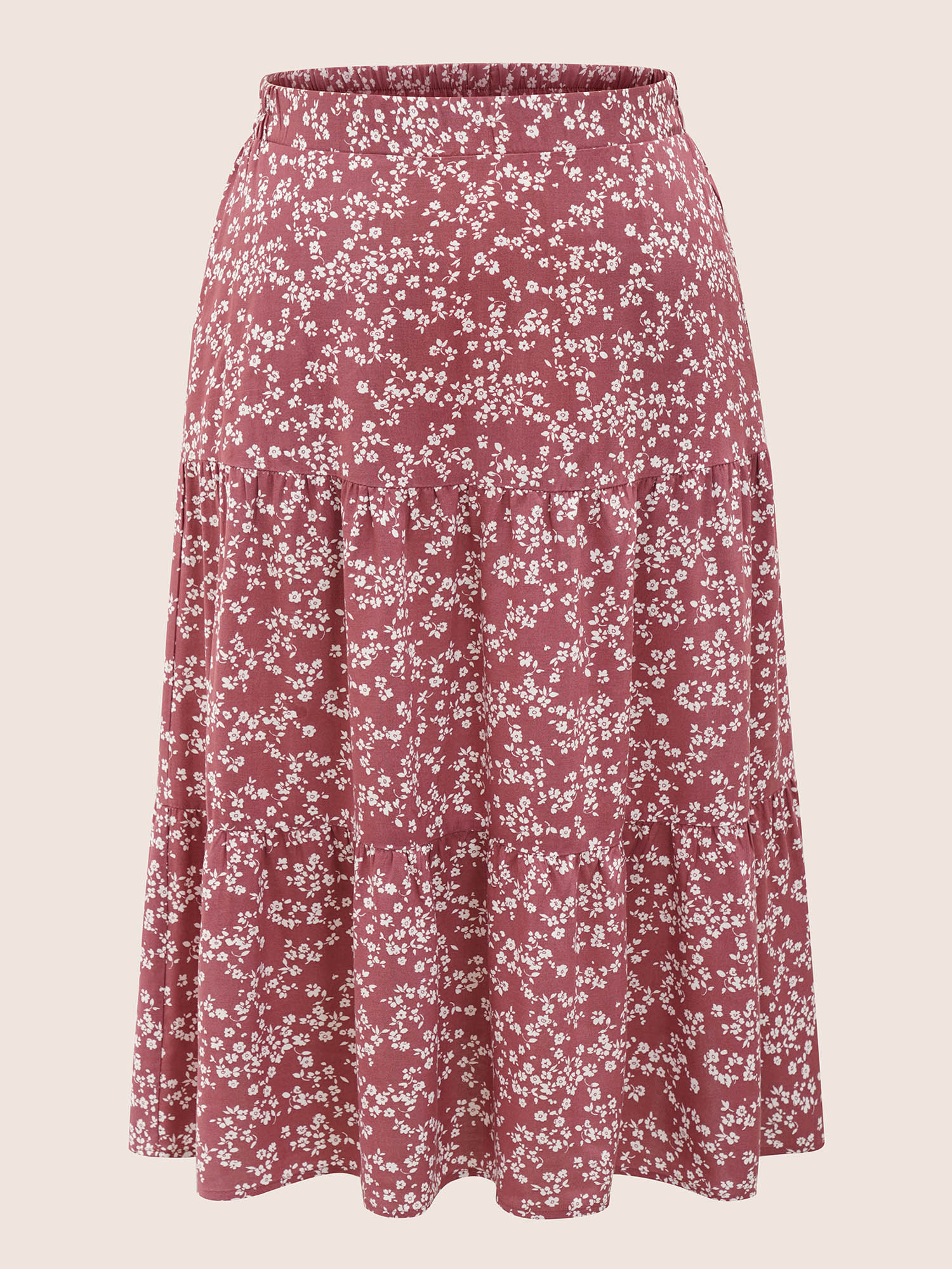 Plus Size Ditsy Floral Elastic Waist Pocket Skirt Women DustyPink Elegant Non No stretch Slanted pocket Everyday Skirts BloomChic 18-20/2X 