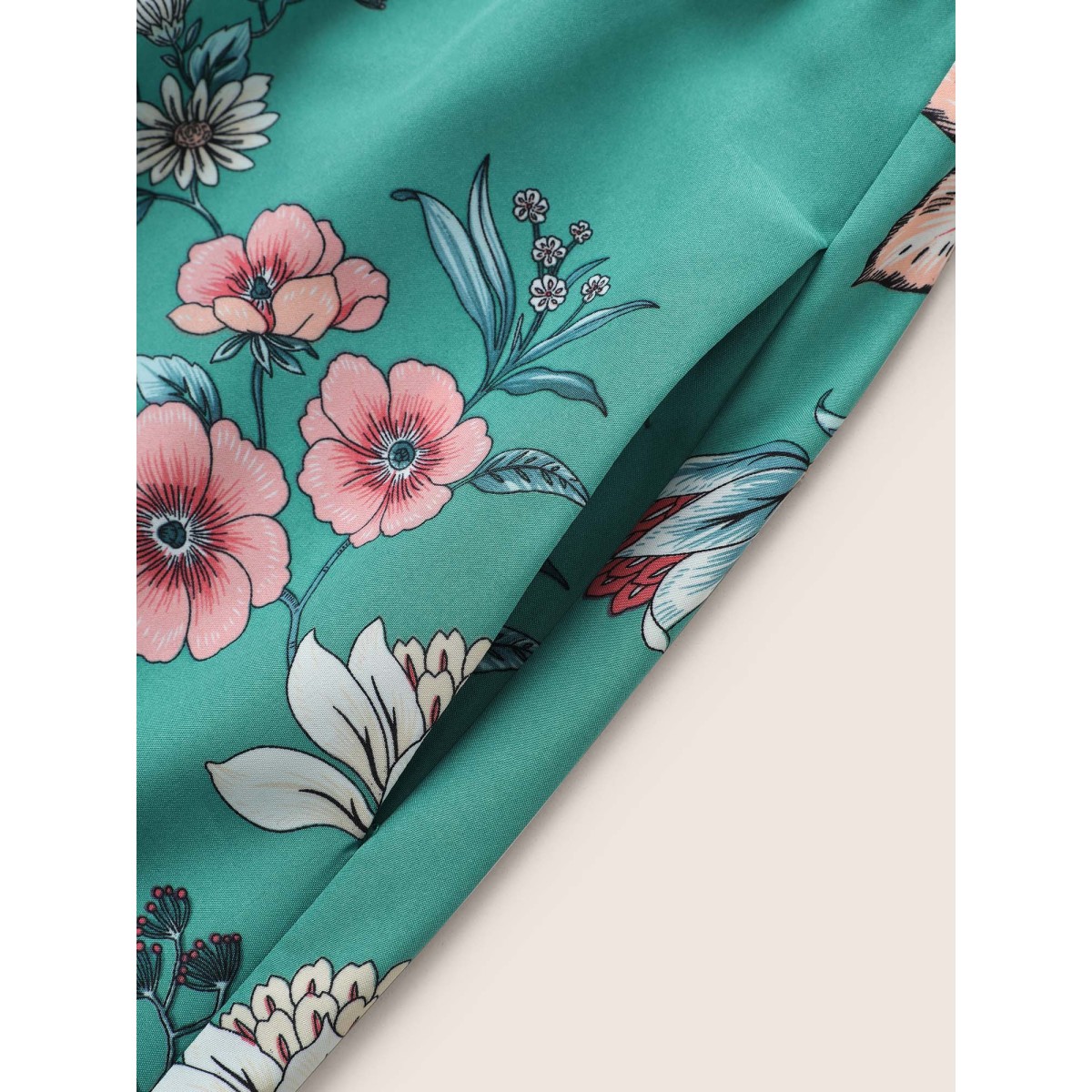 

Plus Size Floral Print Shirred Front Ruffle Sleeve Dress Turquoise Women Non V-neck Elbow-length sleeve Curvy Midi Dress BloomChic