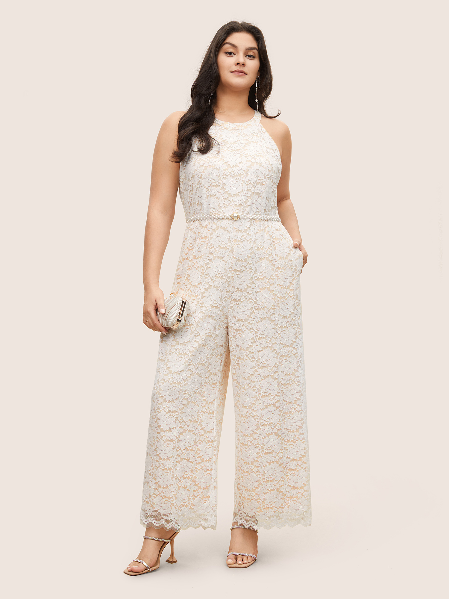 

Plus Size Ivory Plain Lace Plisse Halter Pocket Jumpsuit Women Cocktail Sleeveless Halter neck Party Loose Jumpsuits BloomChic