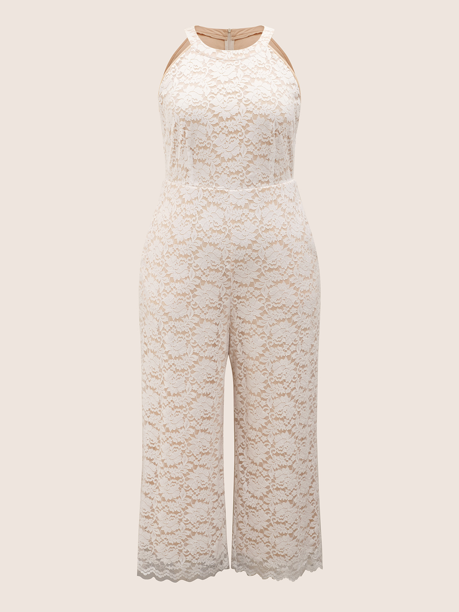 

Plus Size Ivory Plain Lace Plisse Halter Pocket Jumpsuit Women Cocktail Party Loose Jumpsuits BloomChic