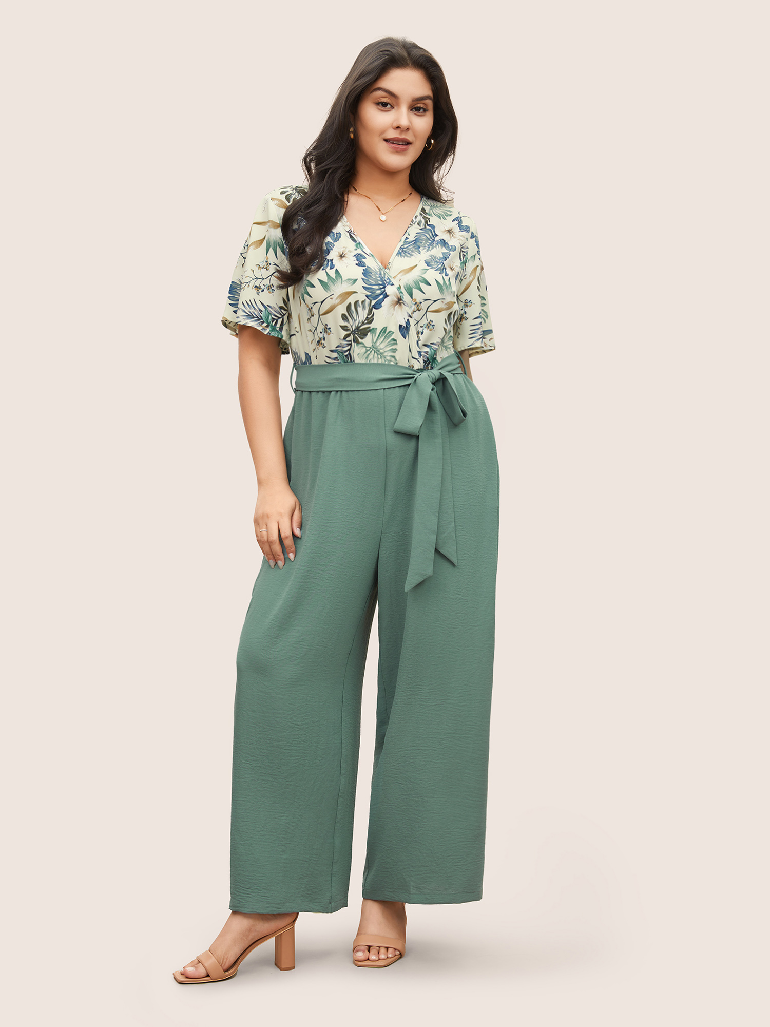 

Plus Size Mint Plants Print Patchwork Belted Wrap Jumpsuit Women Resort Short sleeve Overlap Collar Vacation Loose Jumpsuits BloomChic