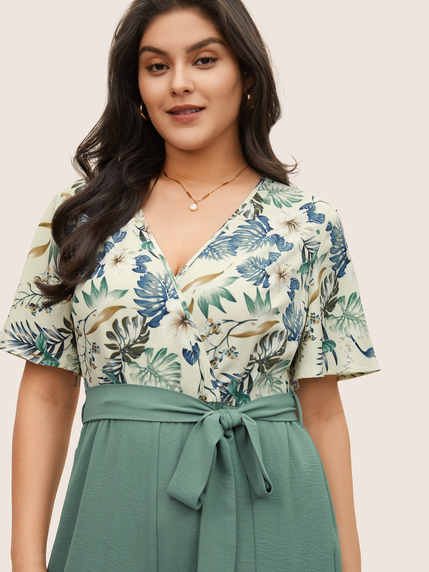 Plus Size Mint Plants Print Patchwork Belted Wrap Jumpsuit Women Resort Short sleeve Overlap Collar Vacation Loose Jumpsuits BloomChic 22-24/3X 