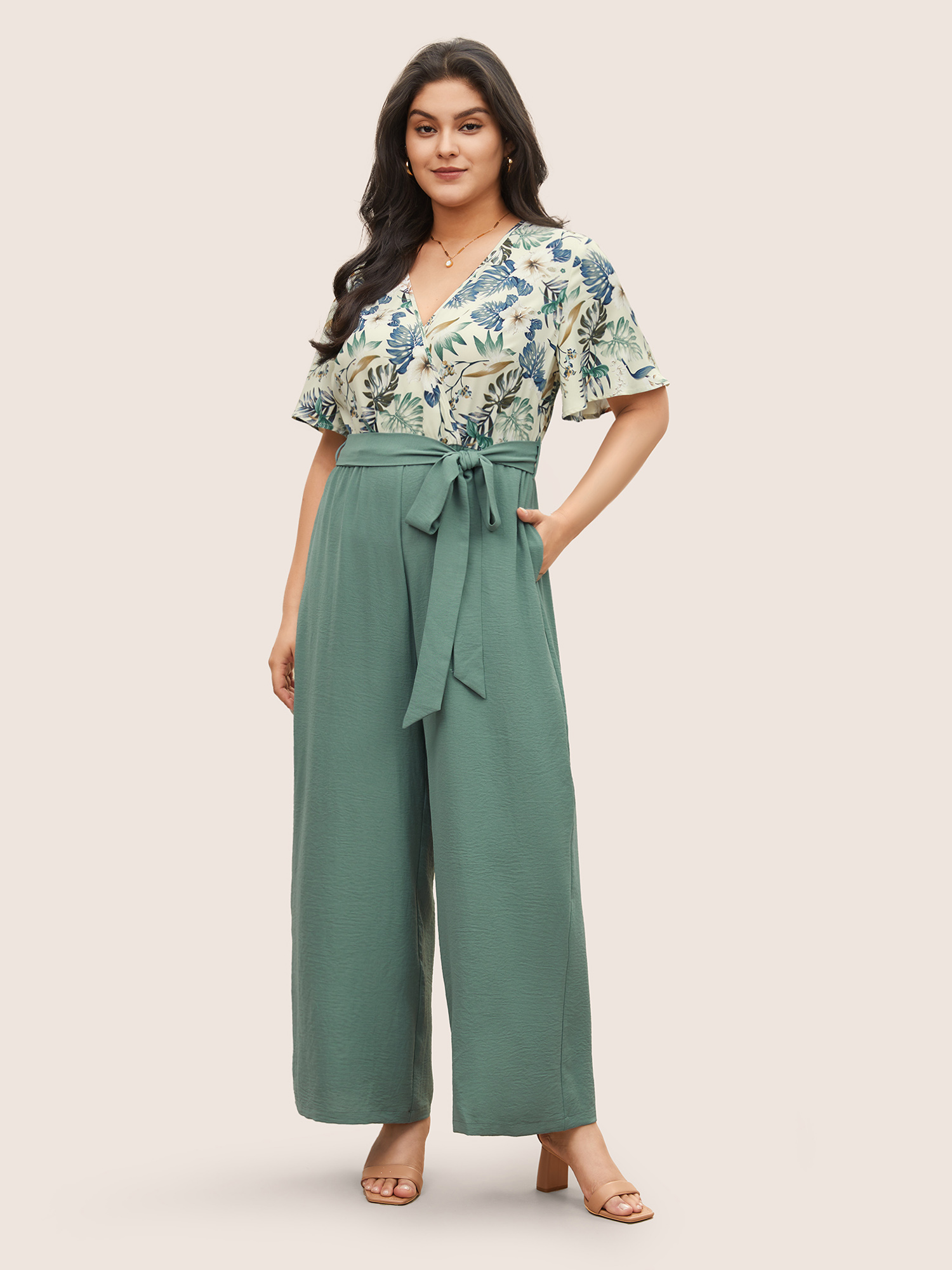 Plus Size Mint Plants Print Patchwork Belted Wrap Jumpsuit Women Resort Short sleeve Overlap Collar Vacation Loose Jumpsuits BloomChic 22-24/3X 
